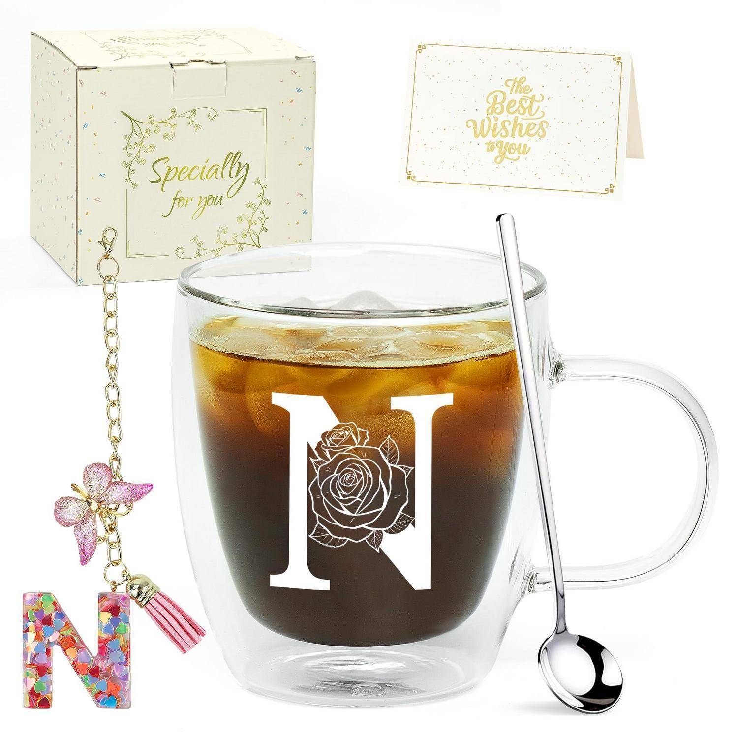 Geschenkset mit Glastasse für Eiskaffee, Löffel, Blumen-N-Schlüsselanhänger und Schachtel/Karten mit den Aufschriften „Speziell für dich
