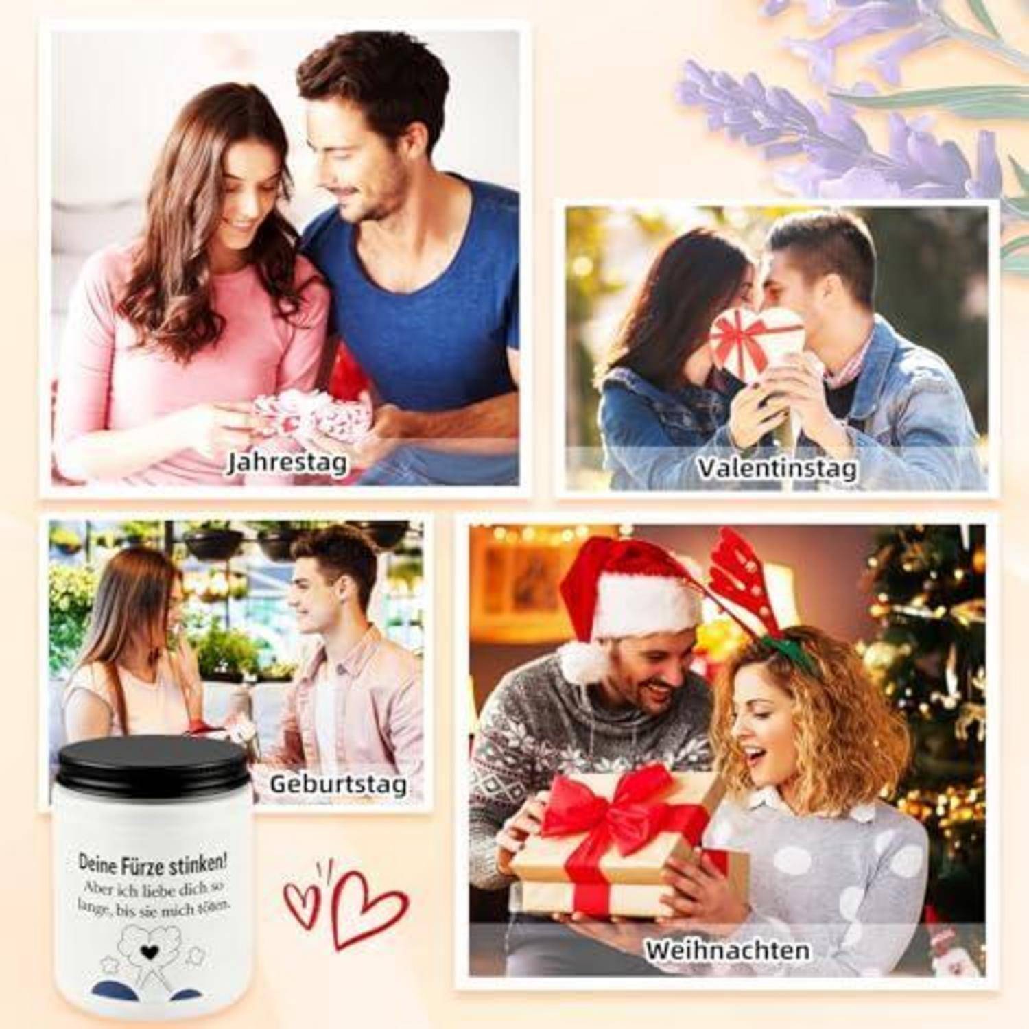 Collage von romantischen Geschenkideen für besondere Anlässe: Jahrestag, Valentinstag, Geburtstag und Weihnachten, mit deutschen Beschriftungen und einem Botschaftsglas.