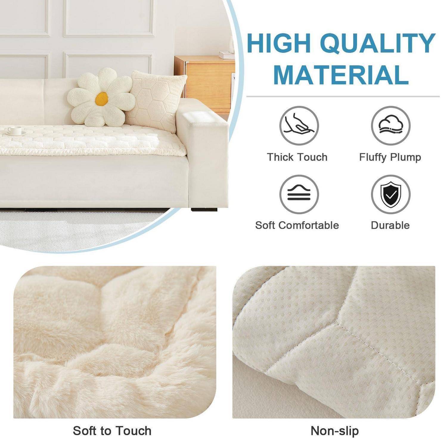 Produktpromotion zeigt ein weiches weißes Haustierbett/Kissen mit "MATERIAL VON HÖCHSTER QUALITÄT"" und Symbolen für dicke Oberfläche, flauschig voluminös, weich komfortabel und langlebig; Nahaufnahmen zeigen weiches Gefühl und rutschfestes Gewebe.