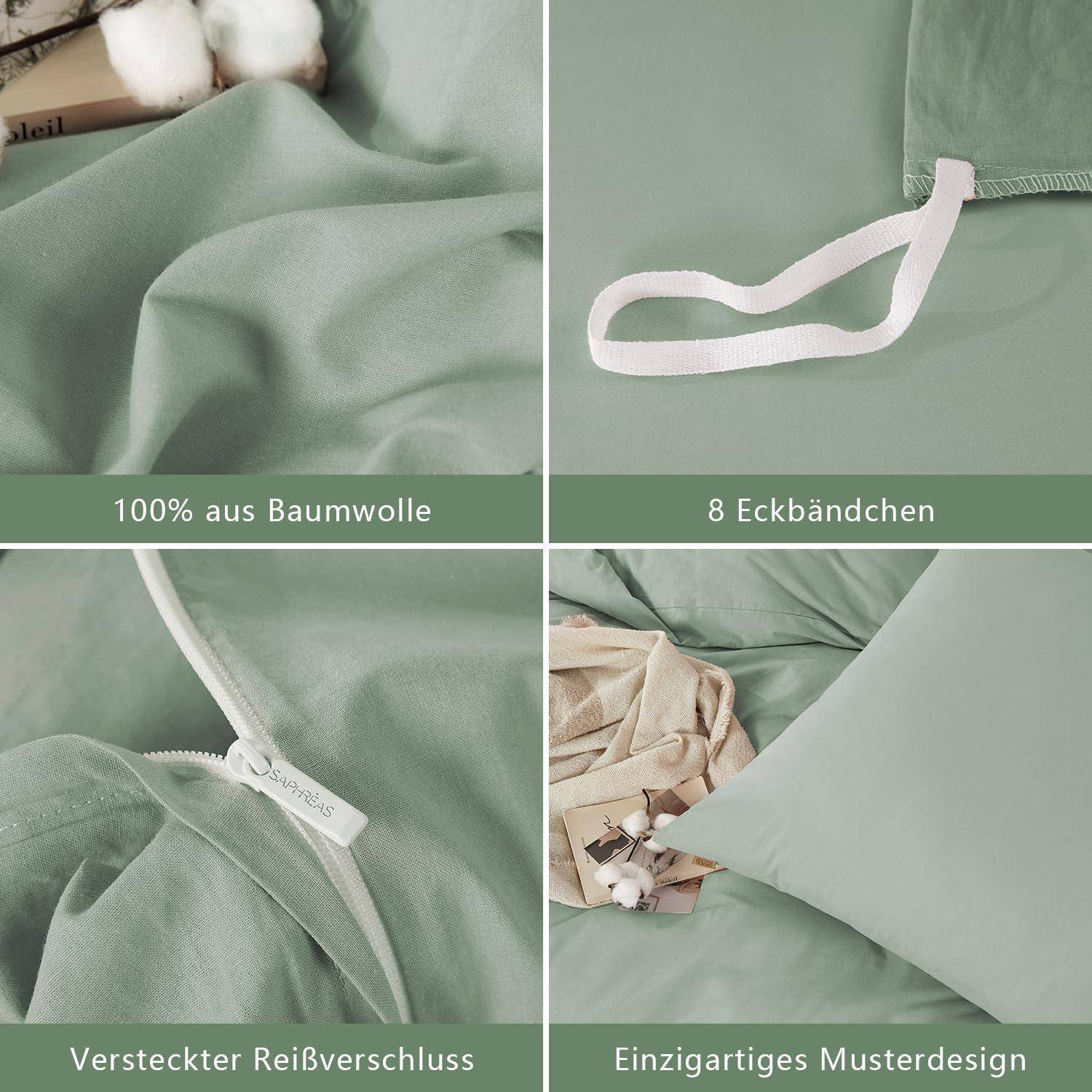Vierpanel-Produktbild von mintgrüner Bettwäsche mit '100% aus Baumwolle', '8 Eckbändchen', 'Versteckter Reißverschluss' und 'Einzigartiges Musterdesign'.