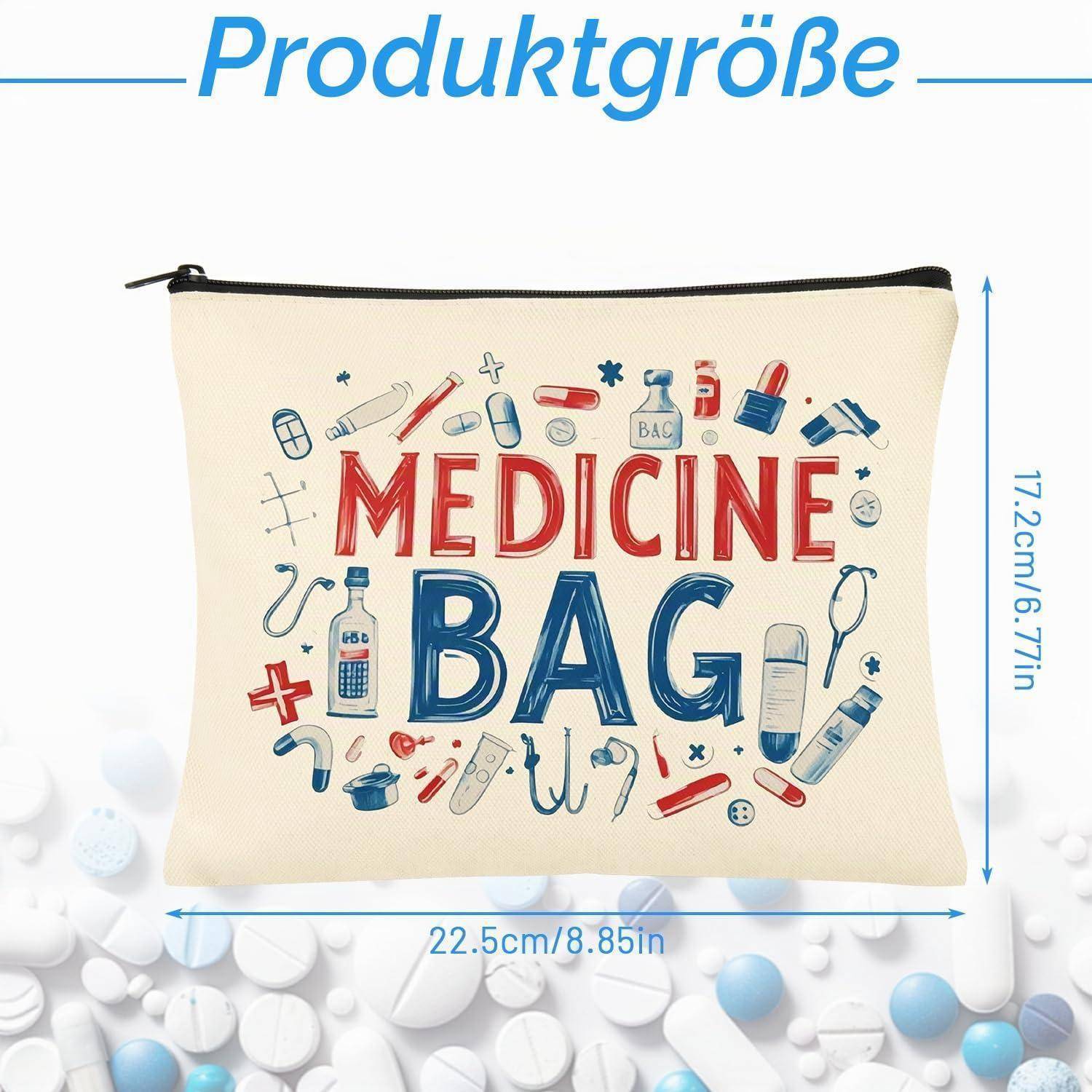 Illustrierte beige Reißverschluss-Tasche „MEDICINE BAG" mit medizinischen Symbolen, beschriftet 22,5 cm breit und 17,2 cm hoch.