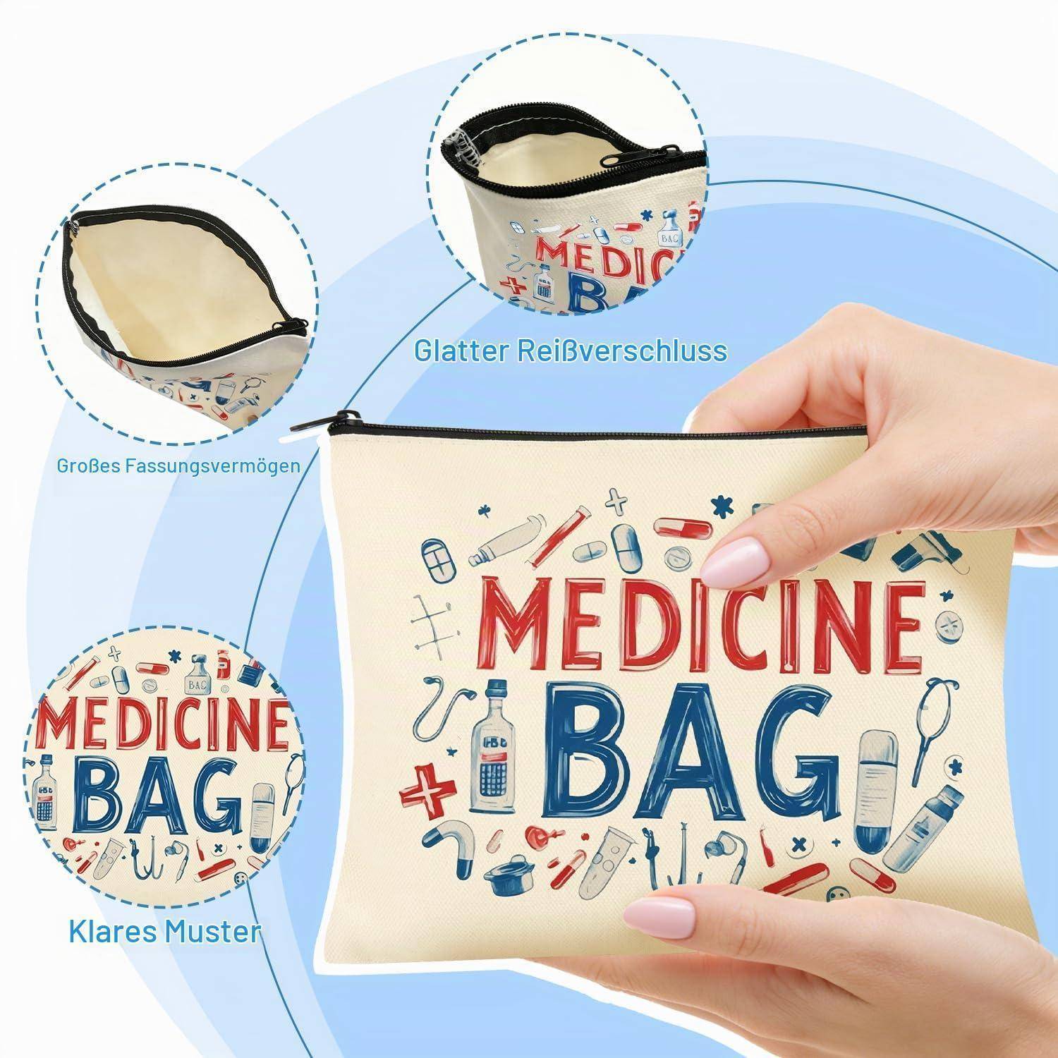 Werbebild einer Medizintasche mit dem Text „MEDICINE BAG" und medizinischen Symbolen, die große Kapazität, glatter Reißverschluss und klares Muster hervorheben.
