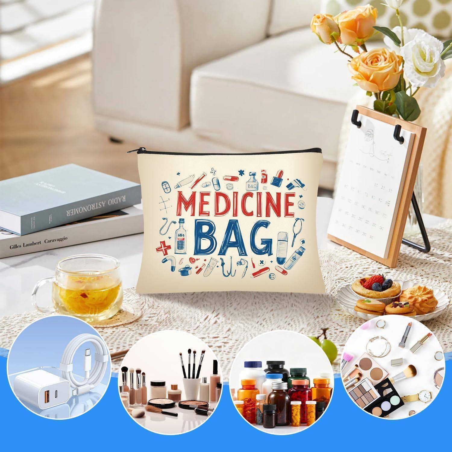 Kosmetiktasche mit der Aufschrift „MEDICINE BAG" auf einem Tisch neben Tee, Blumen, einem Kalender, Büchern und Schminkartikeln.