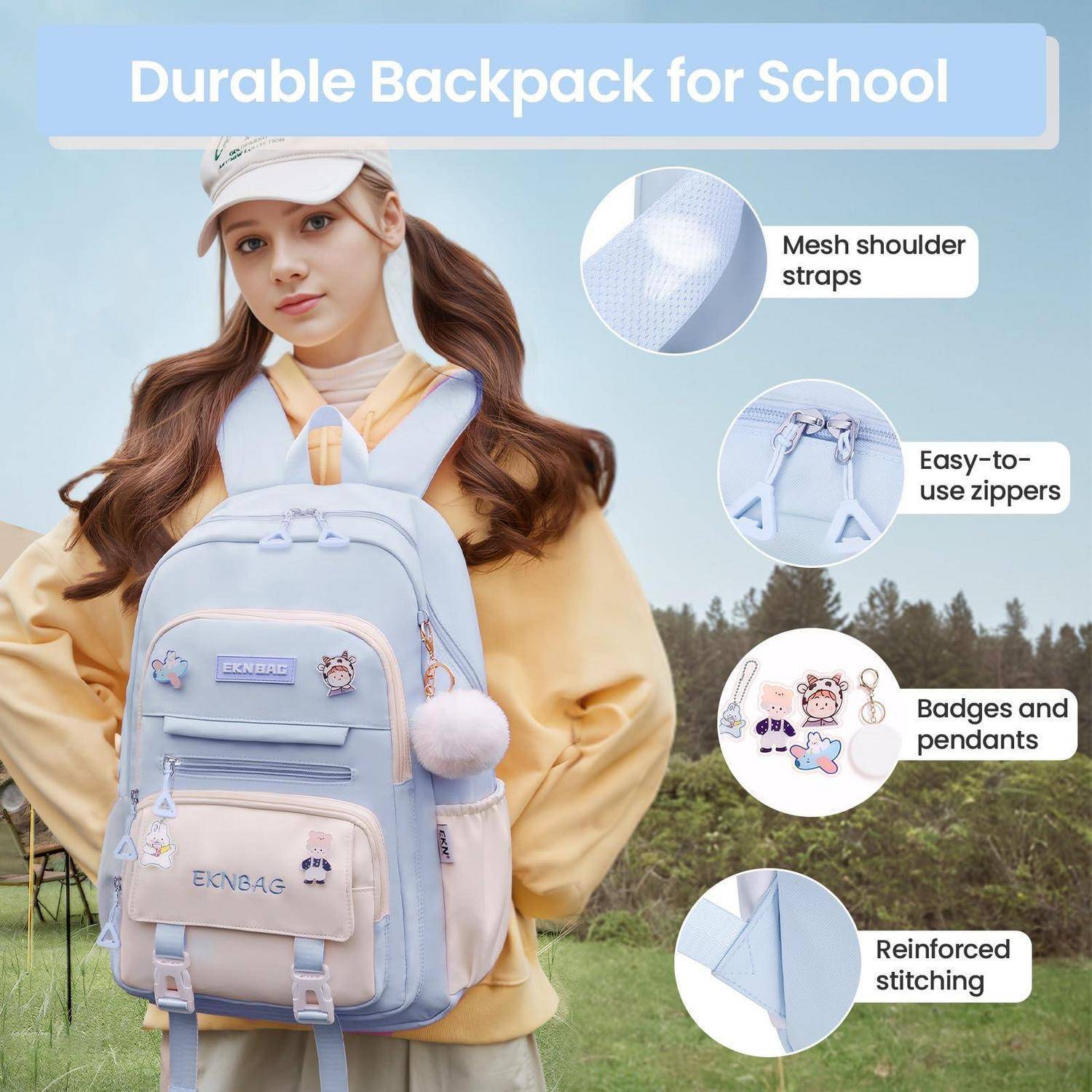 Anzeige mit einem Mädchen mit einem hellblauen Schulrucksack mit der Aufschrift „Strapazierfähiger Schulrucksack", der Netzschulterriemen, benutzerfreundliche Reißverschlüsse, Abzeichen und Anhänger sowie verstärkte Nähte hervorhebt.
