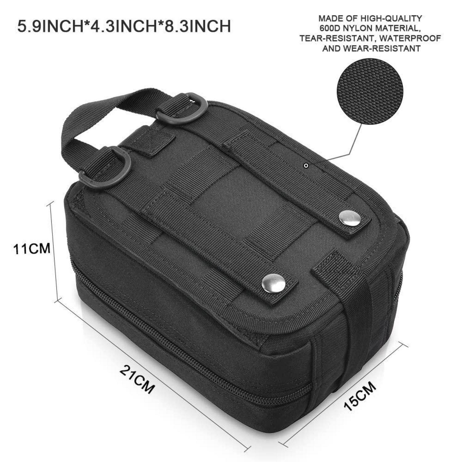 Schwarze Nylon-Taktiktasche mit den Abmessungen 5,9 x 4,3 x 8,3 Zoll, 21 x 15 x 11 cm, gekennzeichnet als hochwertig, reißfest, wasserdicht, verschleißfest.