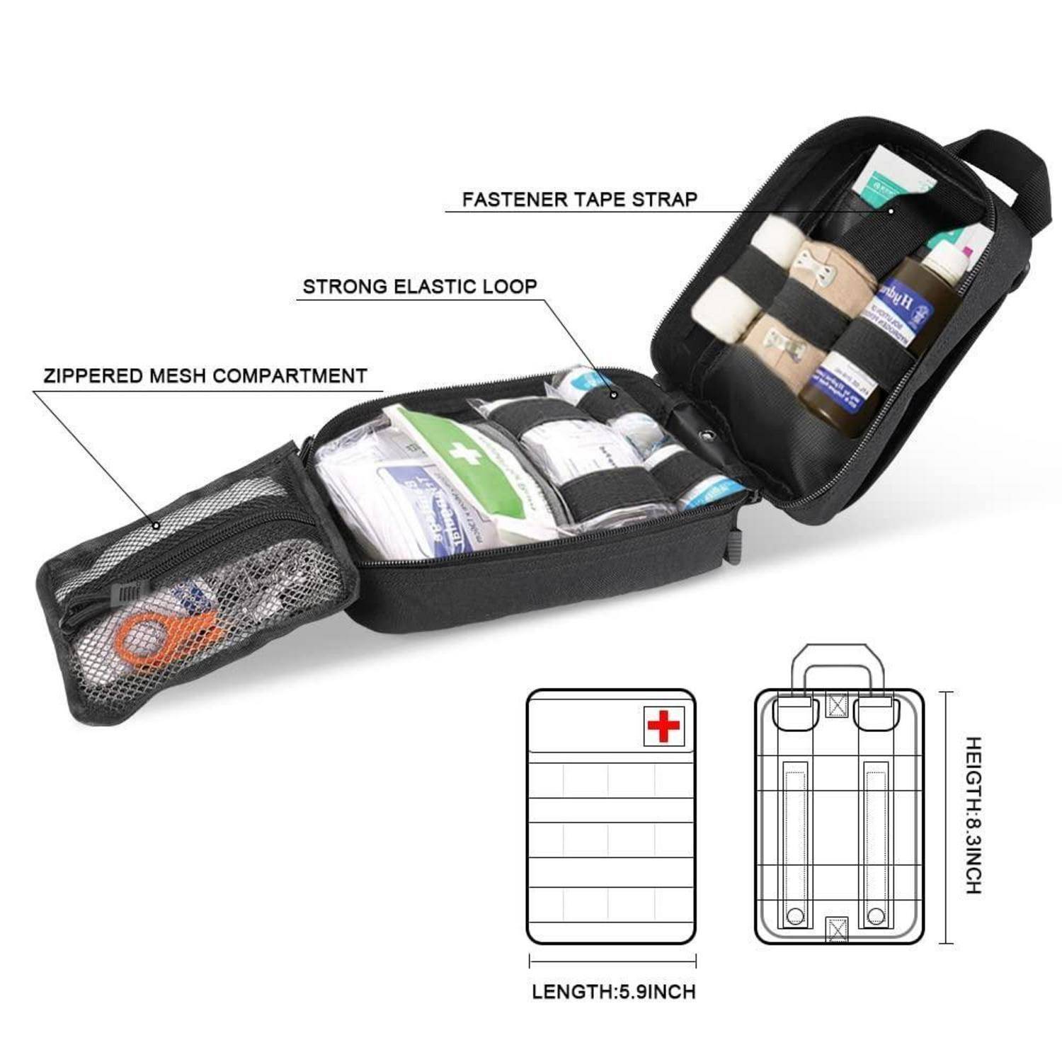 Schwarze Erste-Hilfe-Organizer-Tasche mit Reißverschluss-Netzfach, elastischer Schlaufe und Riemen; das Diagramm zeigt die Abmessungen 5,9 Zoll Länge und 8,3 Zoll Höhe.