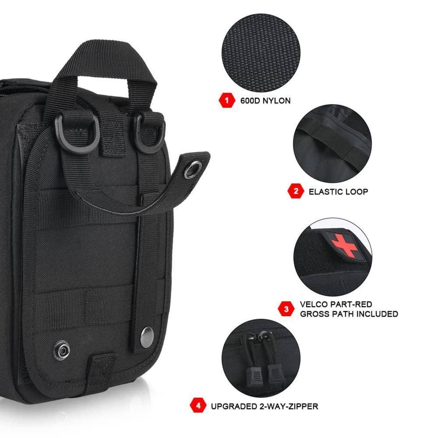 Schwarze taktische Tasche mit Griff und Reißverschluss, gezeigt mit Beschriftungen für 600D-Nylon, elastische Schleife, Klettverschluss-Patch und verbesserter 2-Wege-Reißverschluss.