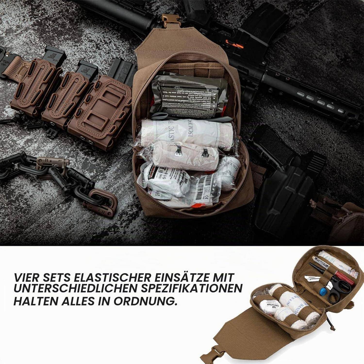Werbegrafik, die eine braune taktische Tasche mit elastischen Einsätzen zeigt, die medizinische Versorgungsmaterialien halten, neben vier passenden Tascheneinätzen und Gewehren; Deutscher Text besagt vier elastische Einsatzsätze mit verschiedenen Spezifikationen.