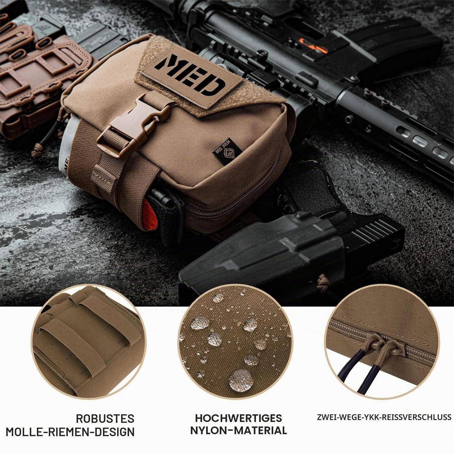 Tan MOLLE Einsatztasche an einer Schusswaffe; untere Beschriftungen zeigen robuste MOLLE-Riemen, wasserbeständiges Nylon und einen zweirichtungs YKK-Reißverschluss.