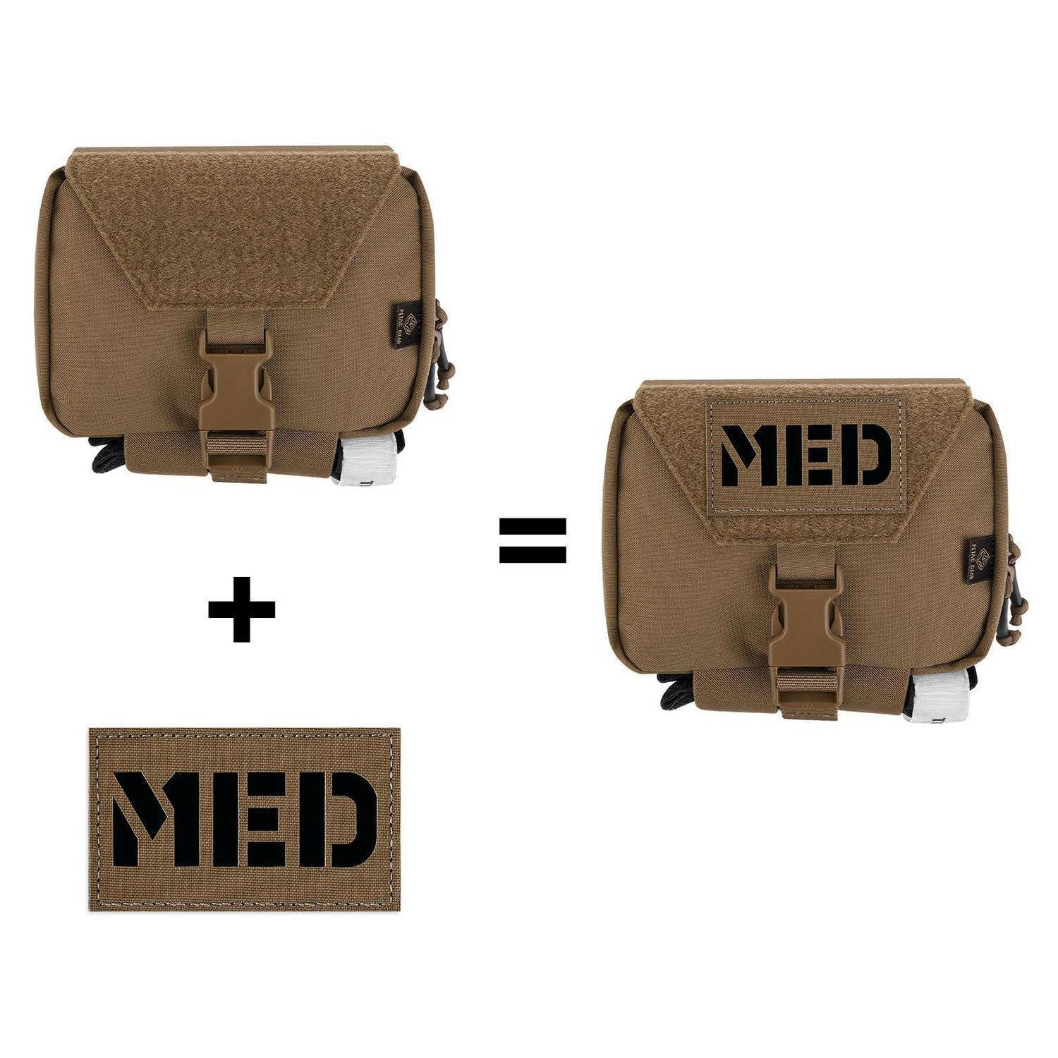 Beige Medizintasche plus „MED"-Patch ergibt eine Tasche mit der Bezeichnung „MED"", die die Patch-Platzierung auf der vorderen Klappe zeigt.