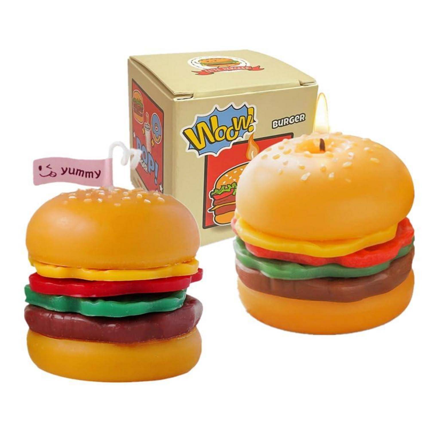 Zwei hamburgerförmige duftende Quetschspielzeuge mit einem „Yummy