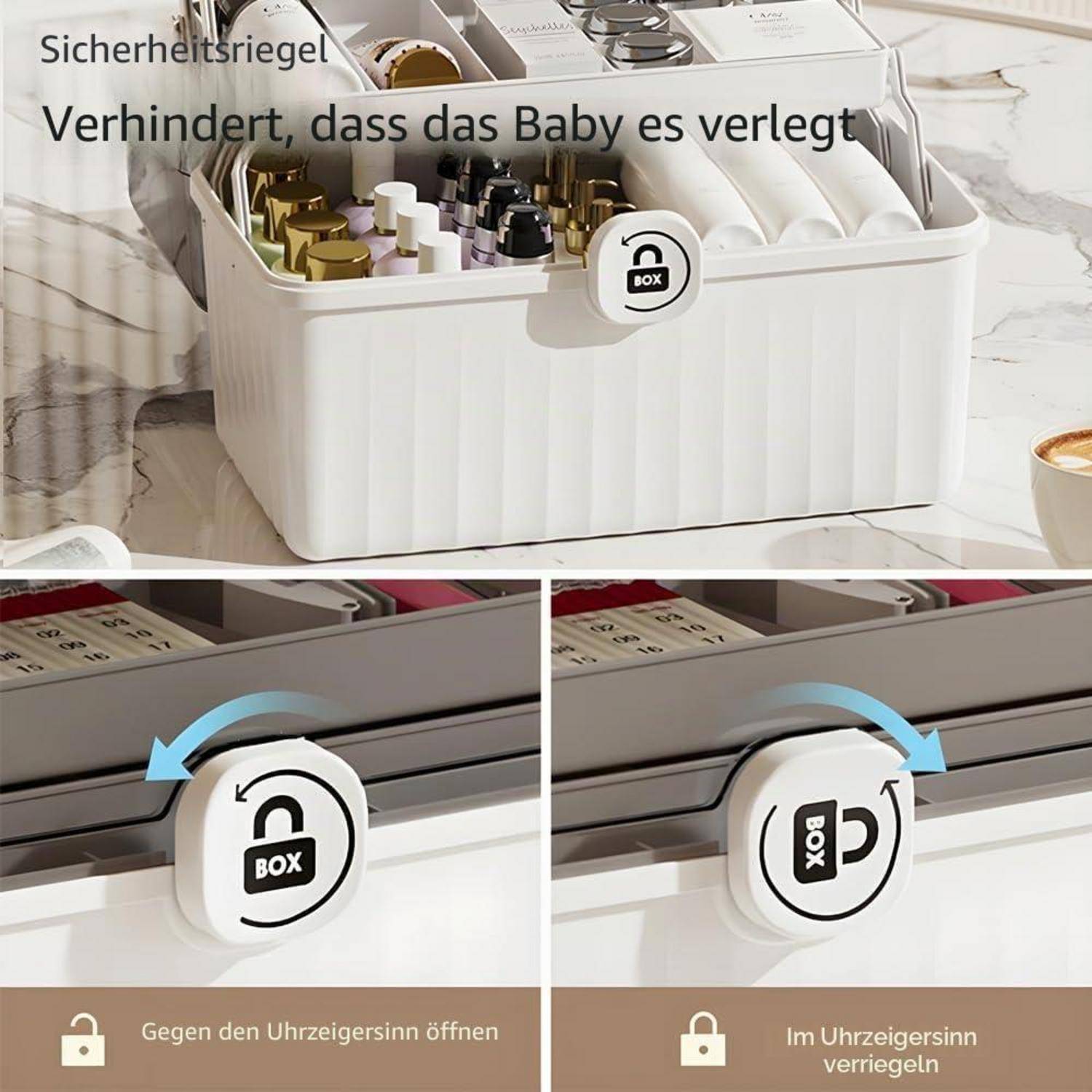 Deutsches Sicherheitsschloss an einer Aufbewahrungsbox, das verhindert, dass ein Baby es öffnet; untere Felder zeigen das Drehen des Verschlusses gegen den Uhrzeigersinn zum Öffnen und im Uhrzeigersinn zum Verschließen.