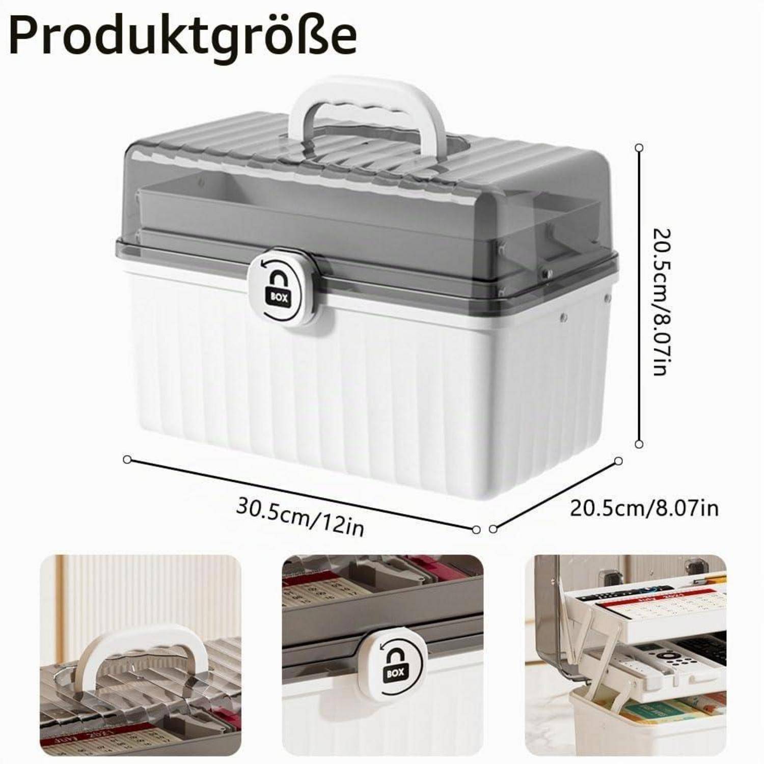Größentabelle für Produkt zeigt einen geschlossenen Kunststoff-Lagerbehälter mit Griff und Verschluss; Abmessungen sind 30,5 cm x 20,5 cm x 20,5 cm.