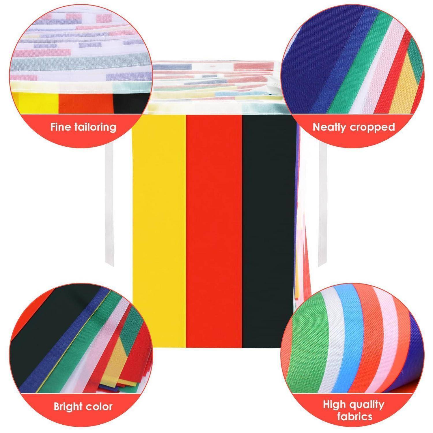 Bunte gestreifte Stoffeinkaufstasche mit vier Nahaufnahmen mit den Beschriftungen „Feine Verarbeitung", „Sauber zugeschnitten"", „Leuchtende Farbe"" und „Hochwertige Stoffe"".