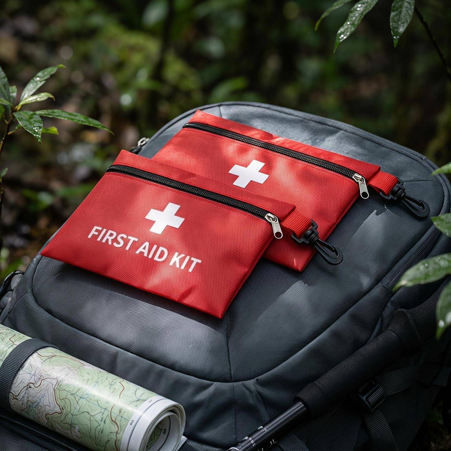 Schwarzer Rucksack mit roten Erste-Hilfe-Taschen mit der Aufschrift „FIRST AID KIT