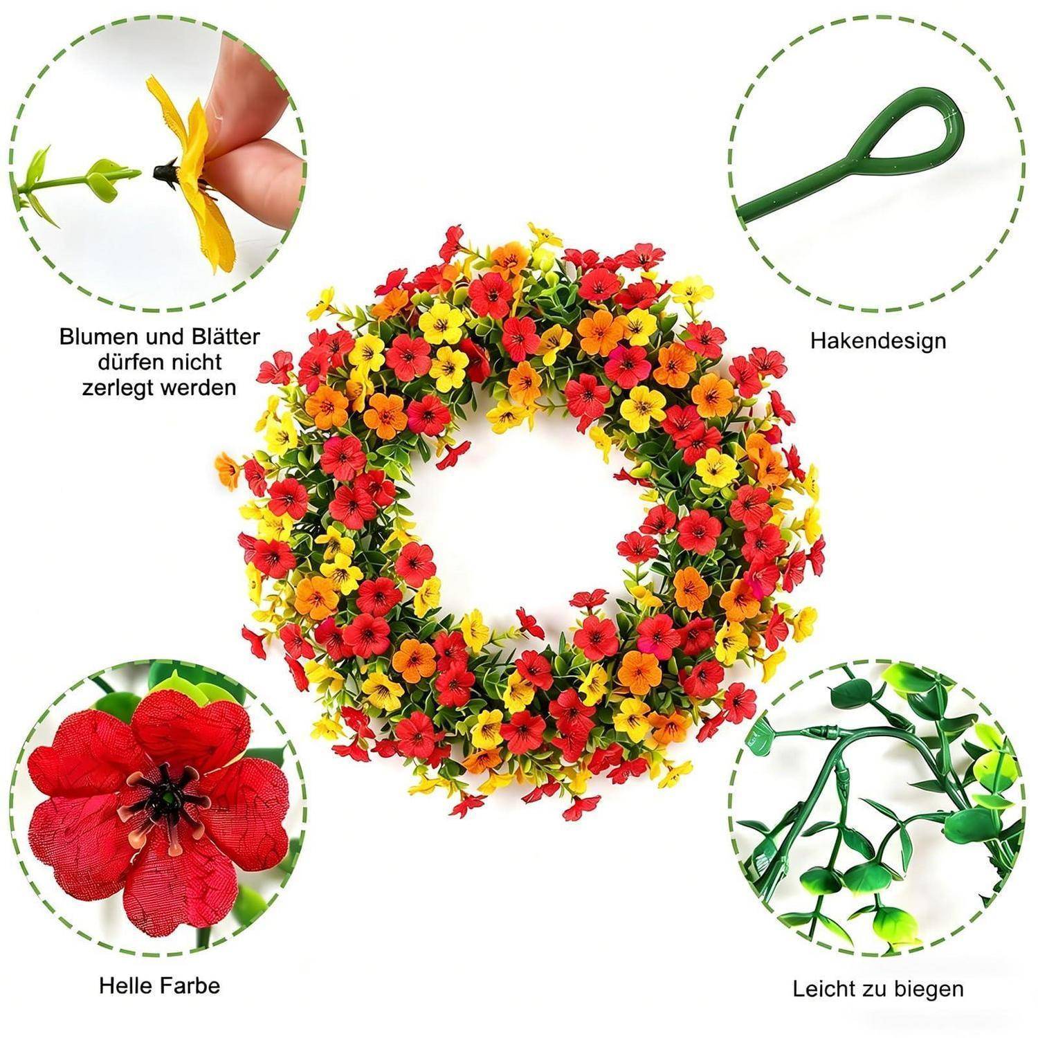 Blumenkranz-Produktgrafik zeigt einen bunten Blumenkranz mit Hinweisen: „Blumen und Blätter dürfen nicht zerlegt werden", „Hakendesign"", „Helle Farbe"" und „Leicht zu biegen"".