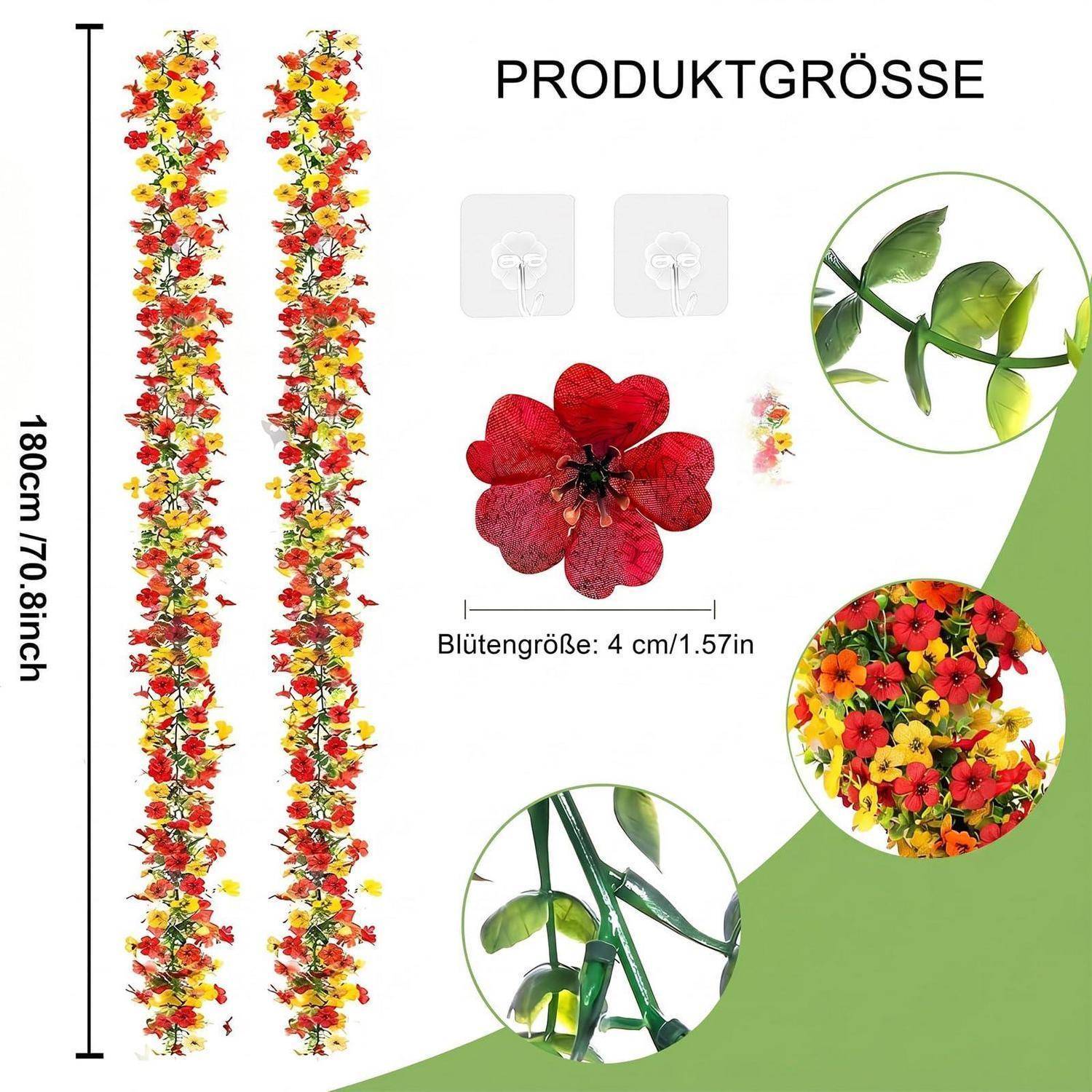 Größentabelle für eine Blumenranken-Girlande: 180 cm hoch, Blumengröße 4 cm, mit Nahaufnahmen von roten, gelben und grünen Blüten und Blättern.