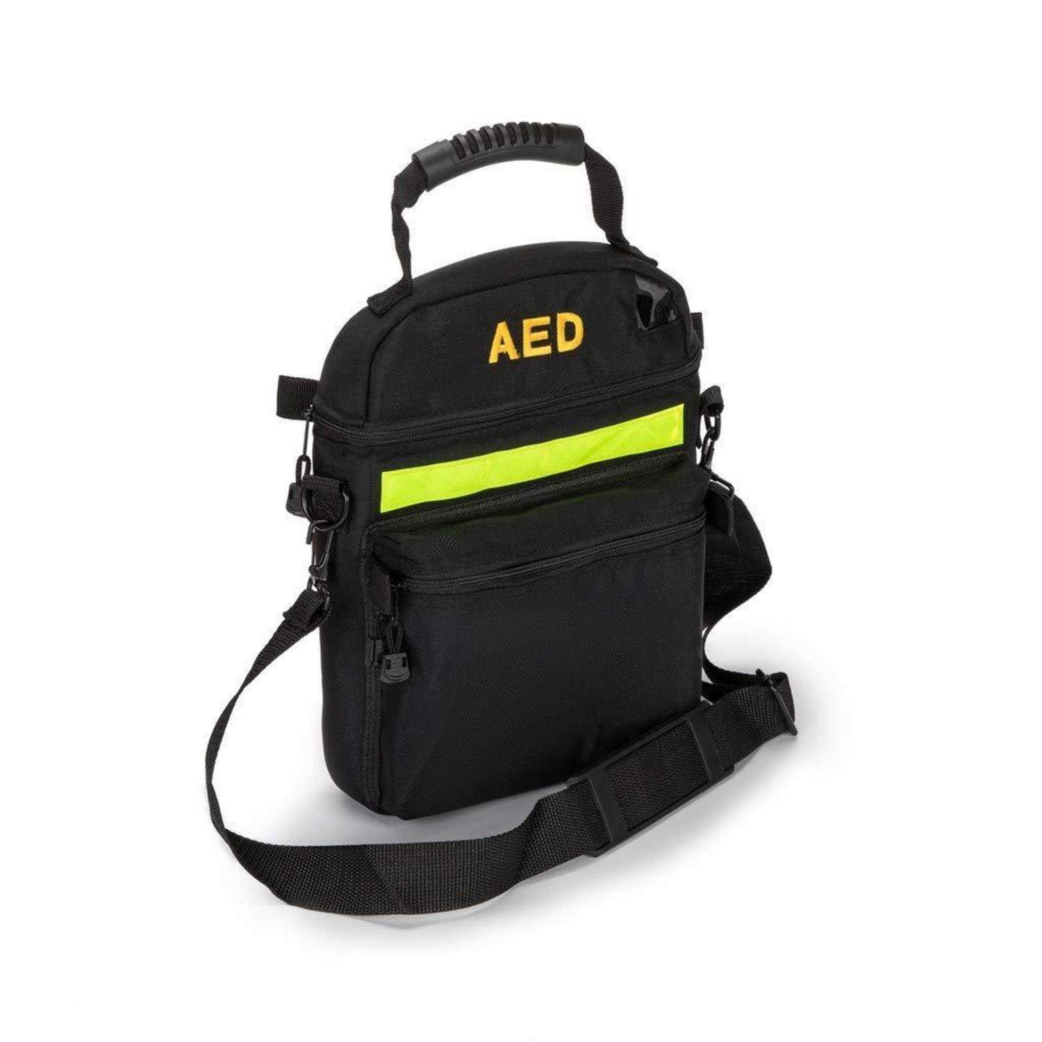Schwarze AED-Tragetasche mit Griff, Schultergurt und reflektierendem gelbem Streifen an der Vorderseite.