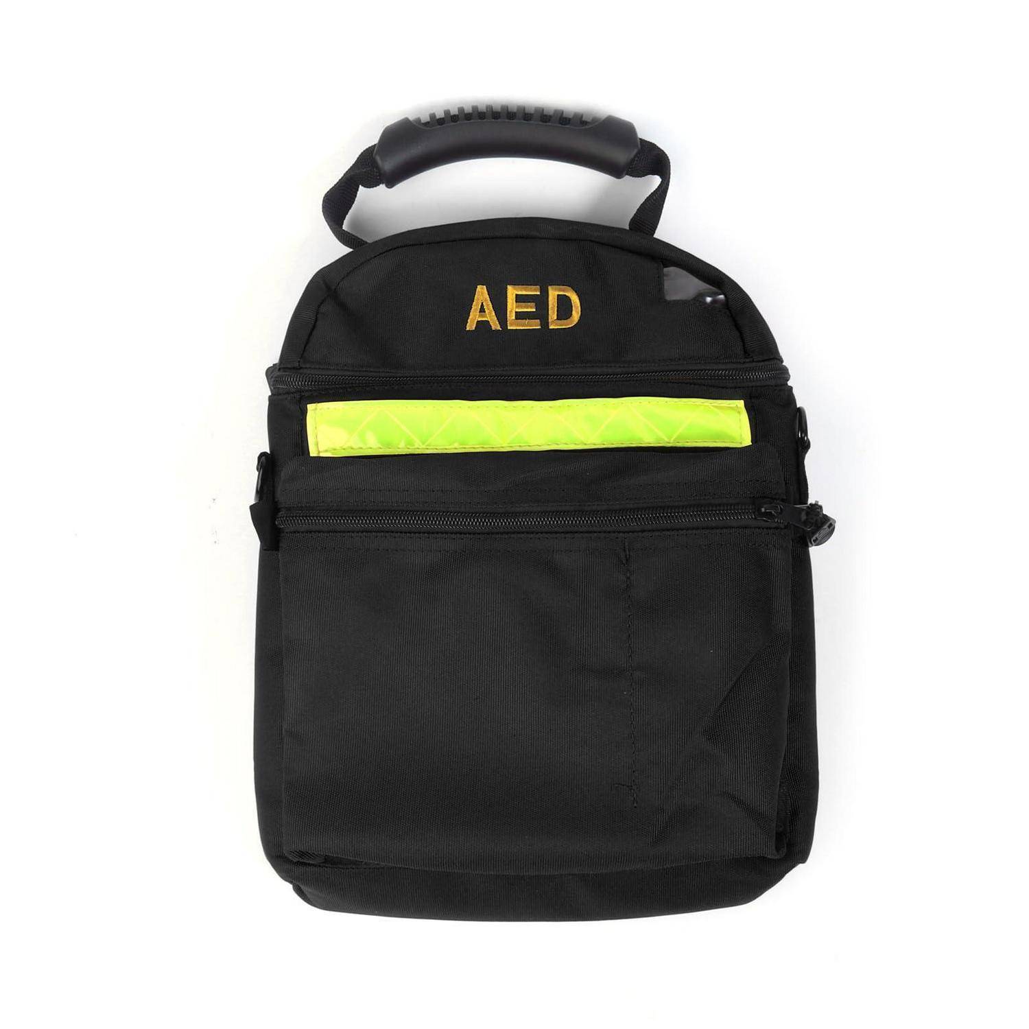 Schwarze AED-Notfalltasche mit Griffhalter oben und leuchtend gelbem Reflexkaschen-Akzent, Vorderansicht auf weißem Hintergrund