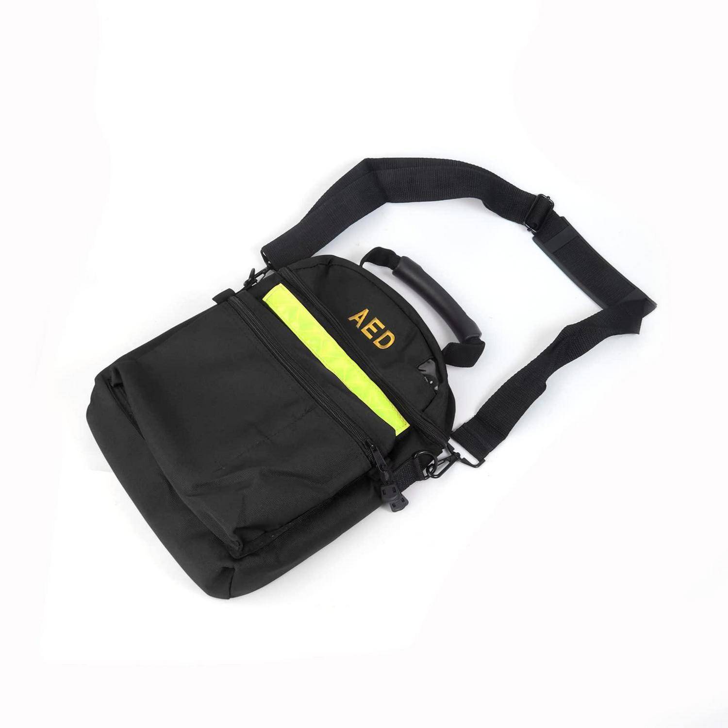 Schwarze AED-Schultertasche mit verstellbarem Riemen und neongelber Reflexstreifen, abgebildet auf weißem Hintergrund.