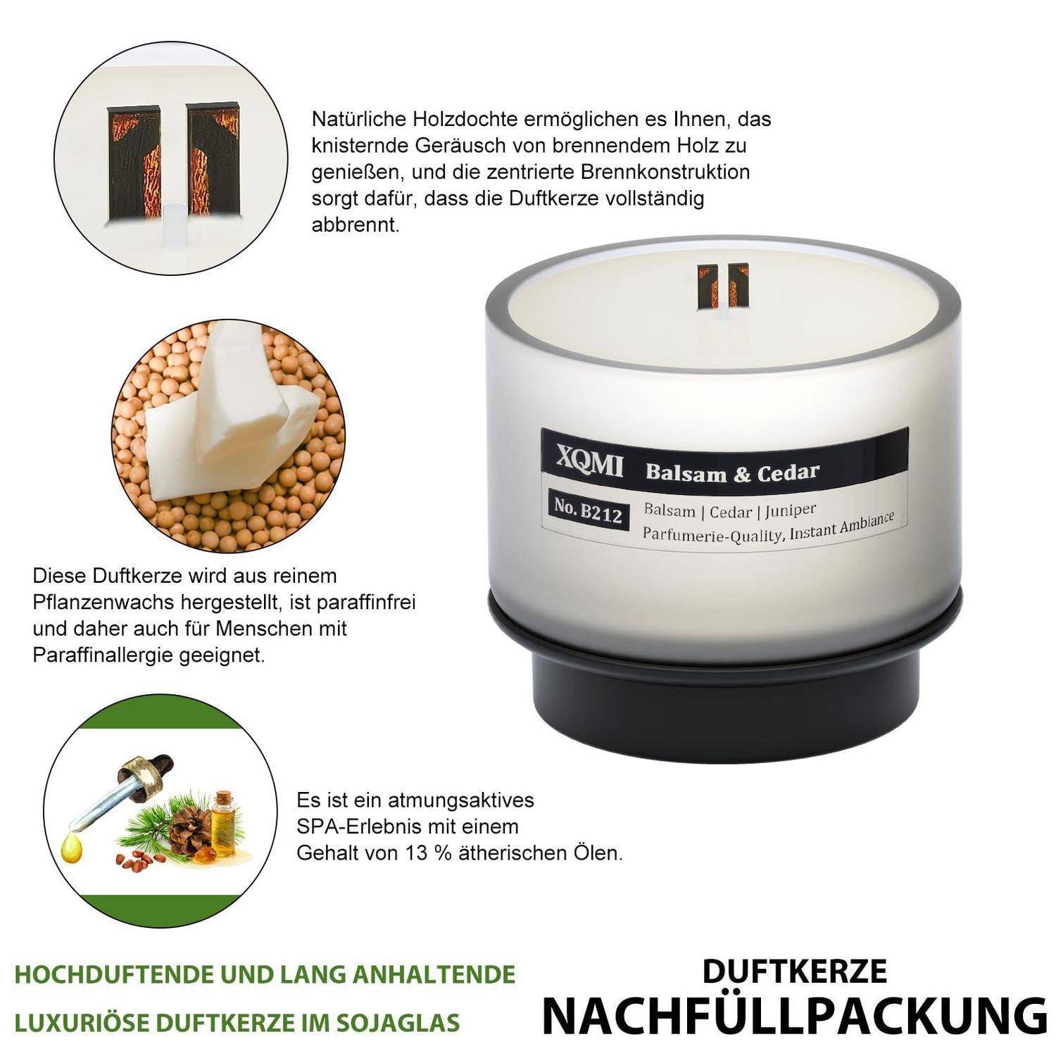 Produktbild einer Sojawachs-Duftkerzen-Nachfüllpackung mit der Bezeichnung „XQMI Balsambaum & Zeder