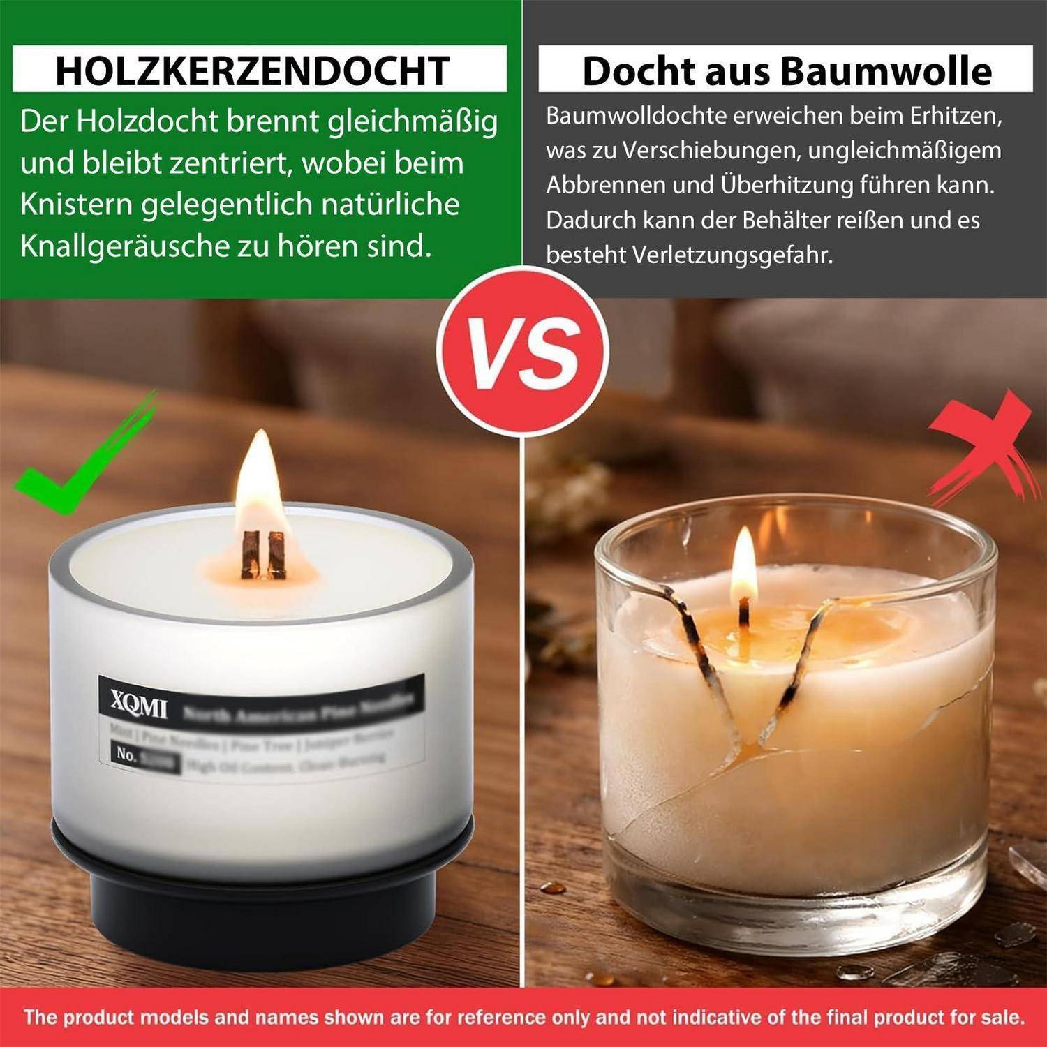 Vergleichsgrafik von Kerzen: Holzdocht brennt gleichmäßig mit gelegentlichem Knistern und einem grünen Haken, während Baumwolldocht ungleichmäßig brennt und das Glas knackt, gekennzeichnet mit einem roten X.