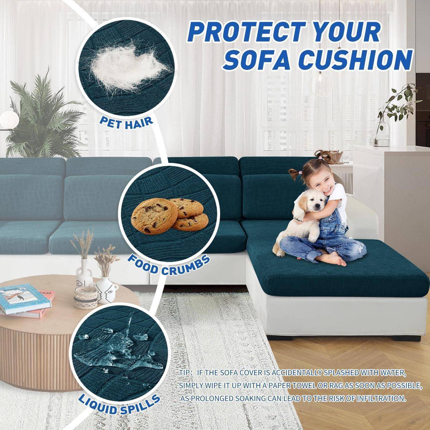Sofabezug zum Schutz vor Tierhaaren, Essenskrümeln und Flüssigkeitsverschüttungen; ein Kind umarmt einen Hund auf dem Sofa.