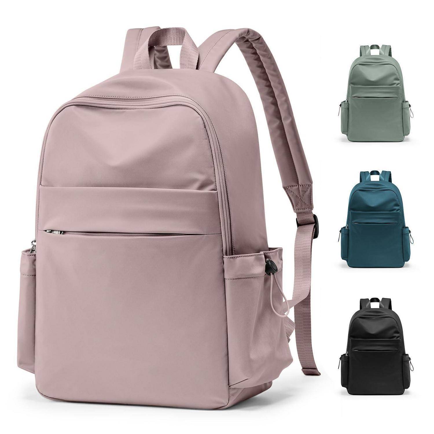 Produktbild eines Rucksacks in gedämpftem Rosa, groß dargestellt mit Seiten- und Frontansichten in grünen, blauen und schwarzen Varianten.