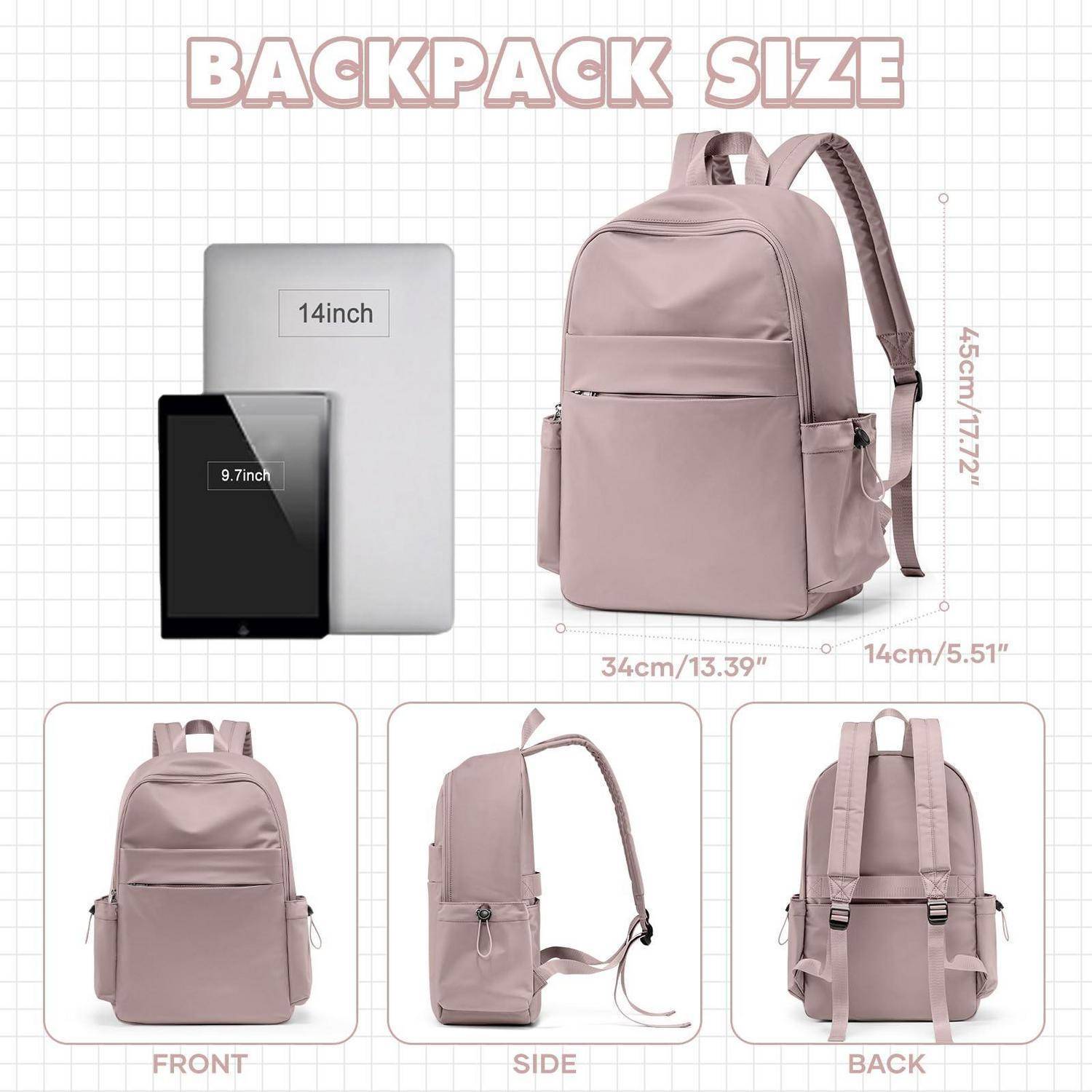 Rucksackgrößenleitfaden mit einem rosa Rucksack, der einen 14-Zoll-Laptop und ein 9,7-Zoll-Tablet passt; Abmessungen sind 45 cm hoch, 34 cm breit und 14 cm tief, mit Vorder-, Seiten- und Rückansichten.
