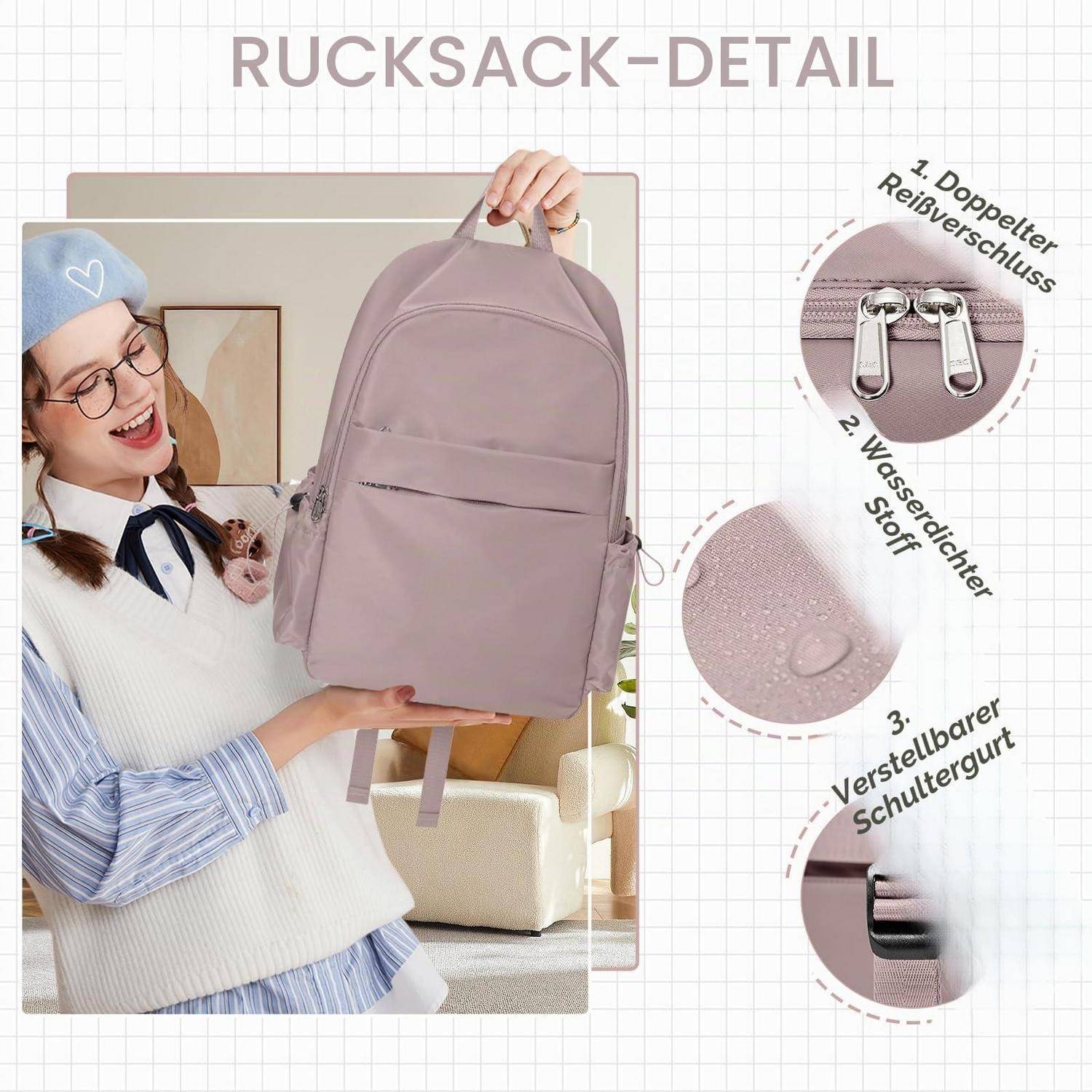 Werbebild einer Frau, die einen rosa Rucksack hält, mit der Beschriftung „RUCKSACK-DETAIL", das den doppelten Reißverschluss, das wasserabweisende Material und den verstellbaren Schultergurt hervorhebt.