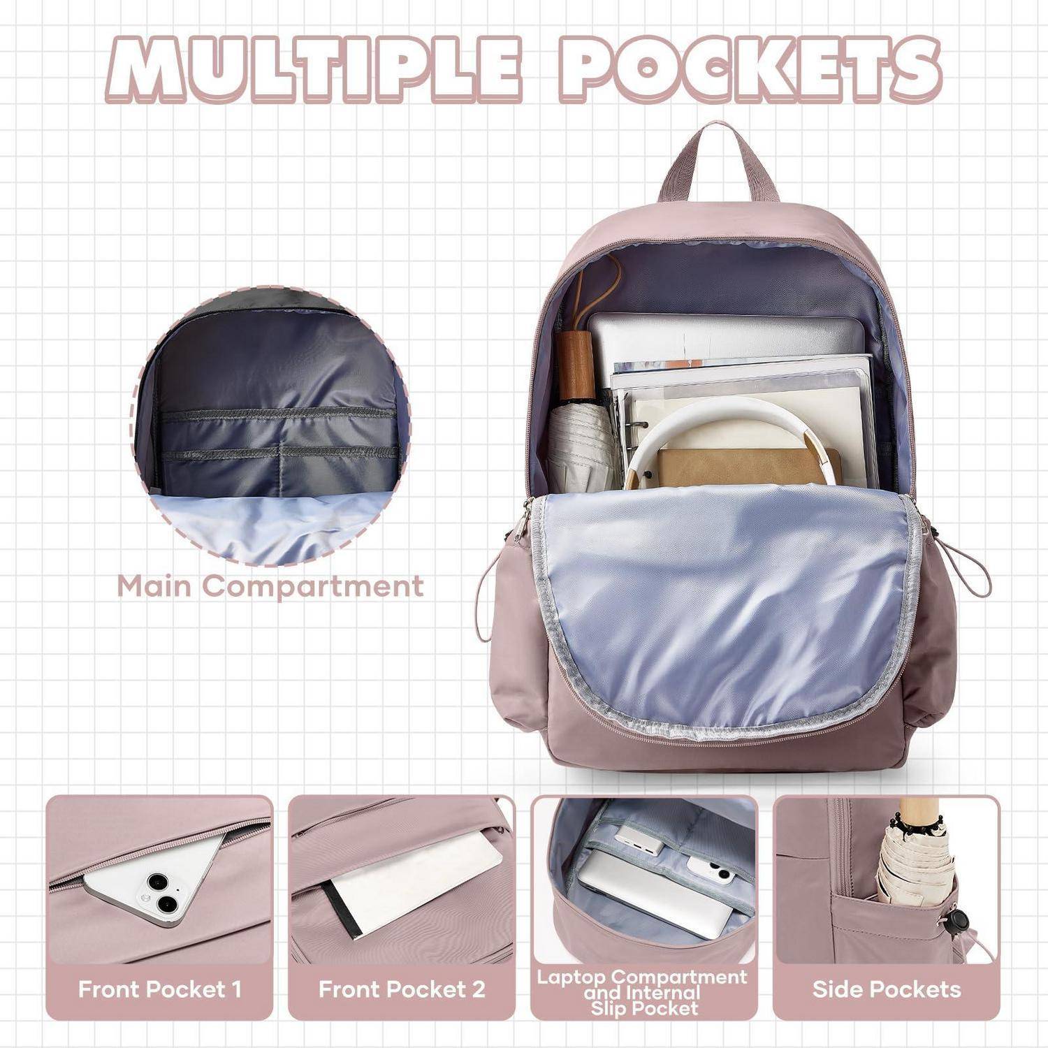 Rucksack mit mehreren Taschen und Fächern, einschließlich eines Hauptfachs, vorderen Taschen, eines Laptop-Fachs und seitlichen Taschen.