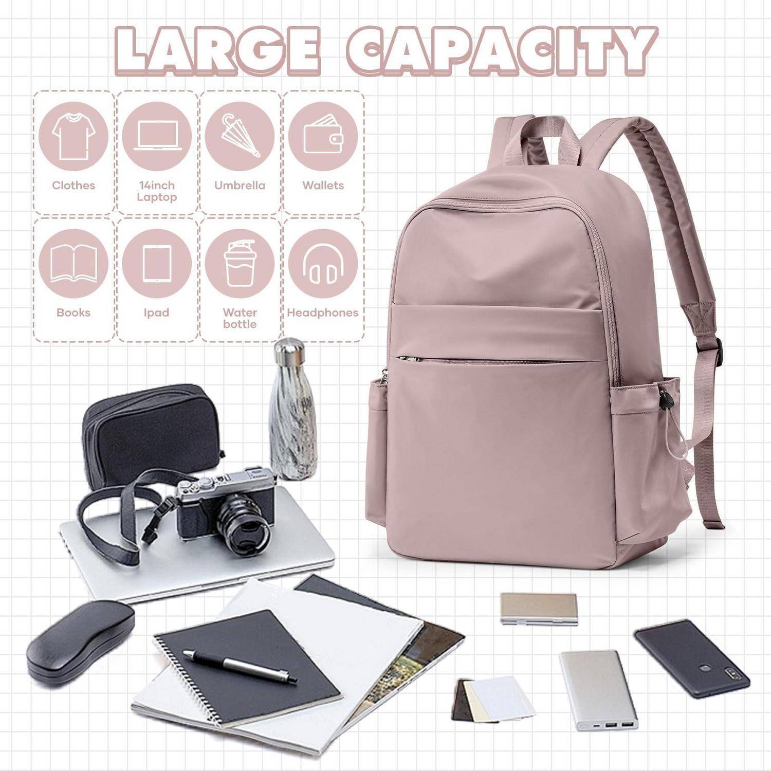 Rosa Rucksack mit der Bezeichnung „GROSSES FASSUNGSVERMÖGEN" gezeigt mit Symbolen für Kleidung, 13-Zoll-Laptop, Regenschirm, Geldbörse, Bücher, iPad, Wasserflasche und Kopfhörer, plus Reiseartikel zur Veranschaulichung der Lagergröße.