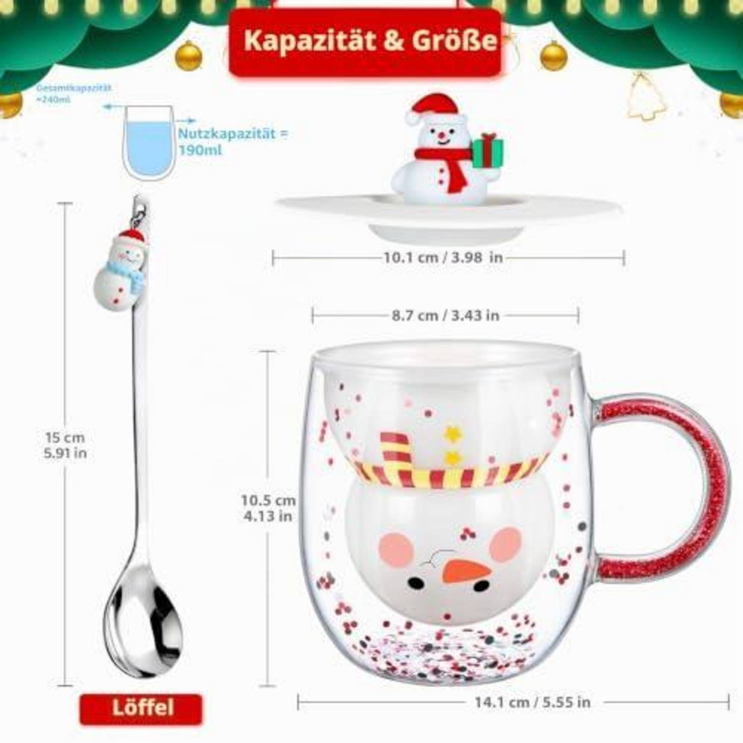 Produktdiagramm mit einer Schneemann-Tasse und passendem Löffel, gekennzeichnet mit „Kapazität & Größe