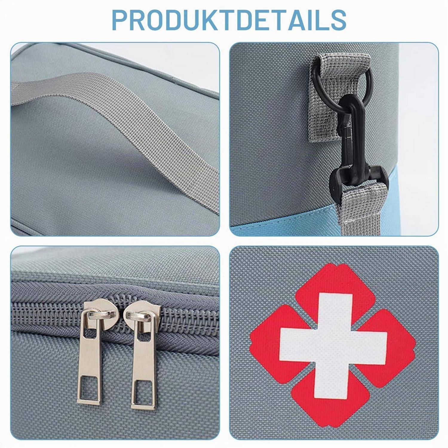 Produktdetails-Collage einer grauen Tasche: gepolsterter Riemen, Clipbefestigung, Doppelreißverschlüsse und ein rot-weißer Sanitätsabzeichen-Patch.