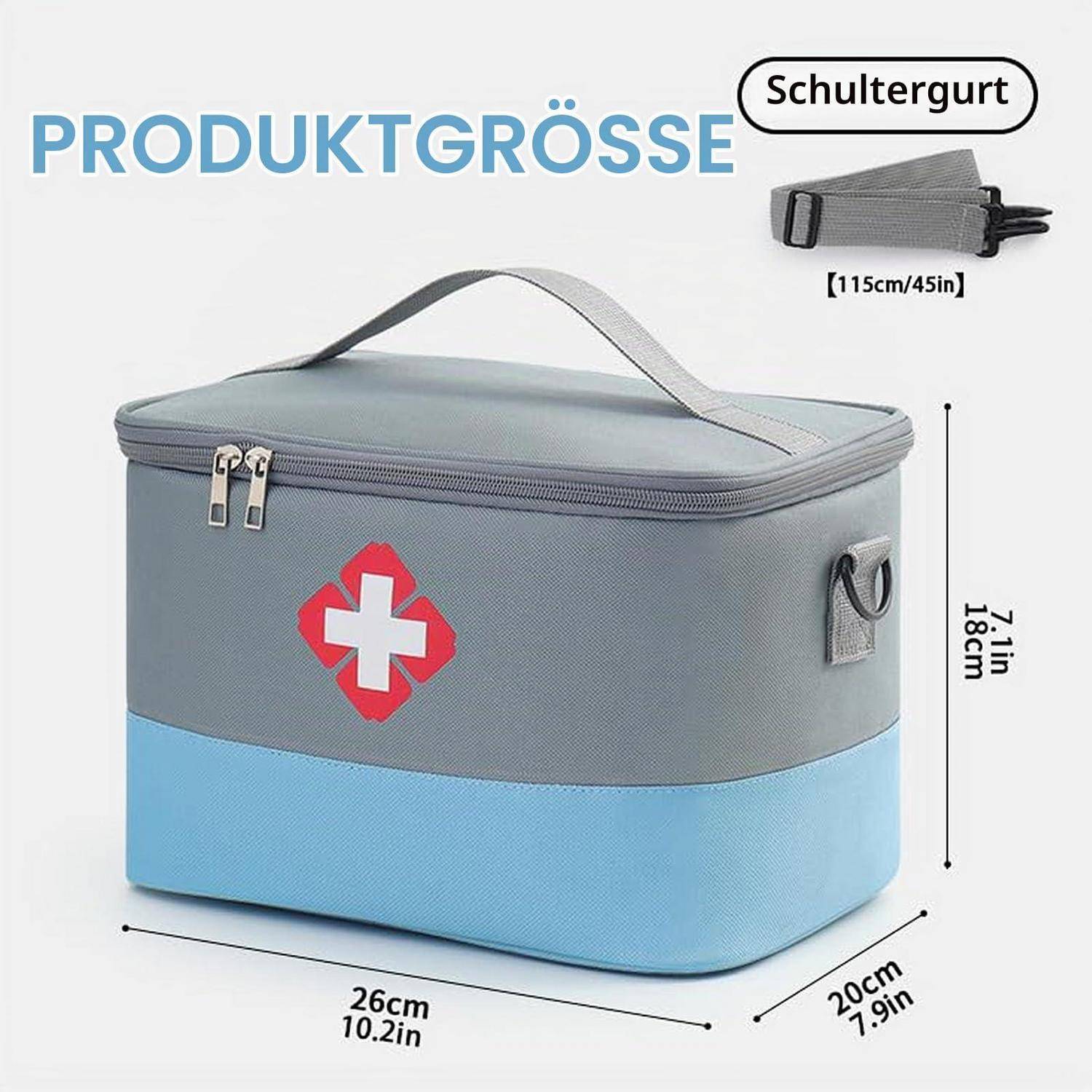 Produktgrößendiagramm einer grau und blau gefärbten Erste-Hilfe-Tasche mit Griff oben und Schultergurt; Abmessungen angegeben als 26 cm breit, 20 cm tief, 21 cm hoch, Gurt 115 cm.
