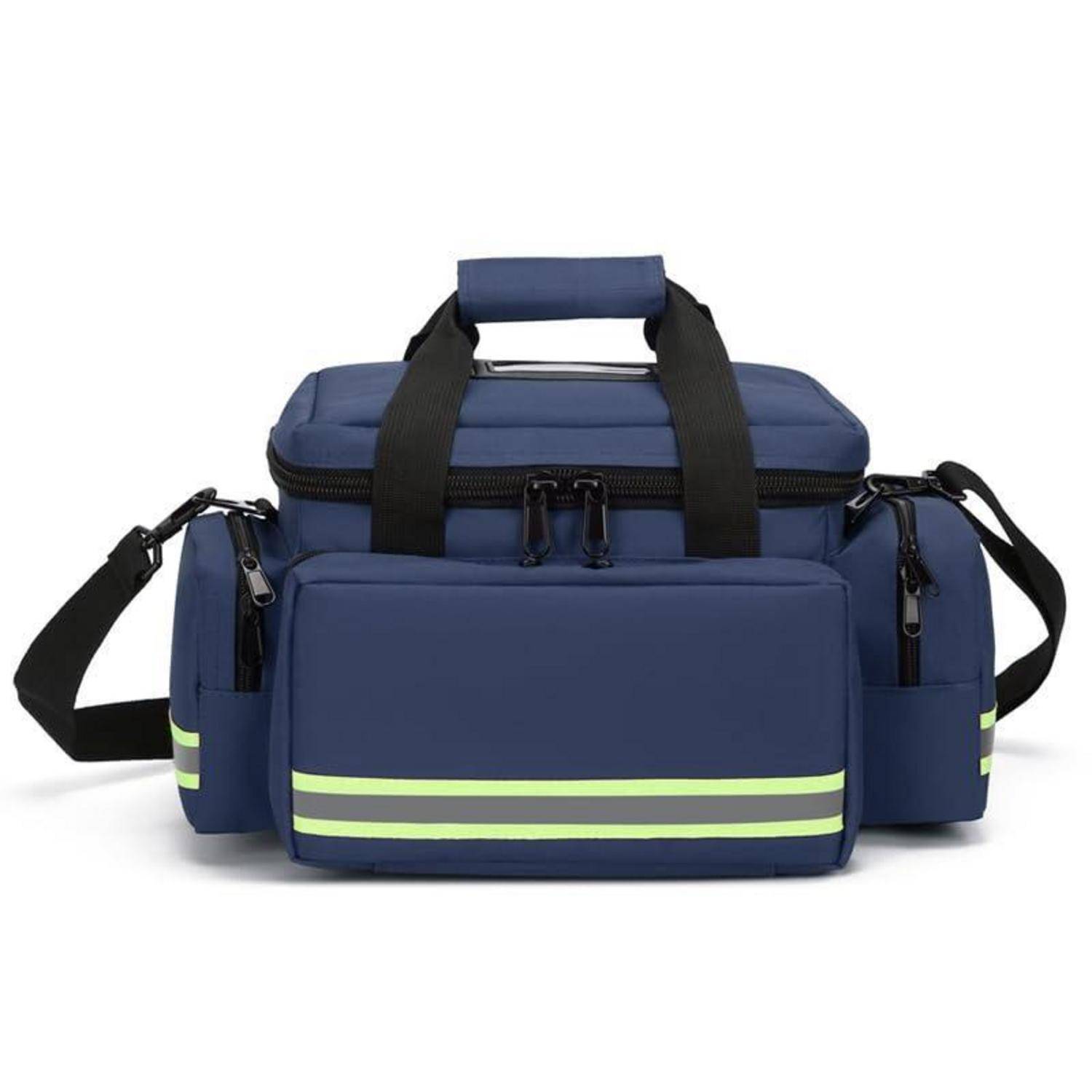 Blau isolierte Sporttasche mit Kühlfunktion und Schultergurt, obere Griffe und reflektierende Streifen auf der vorderen Tasche, auf weißem Hintergrund dargestellt.