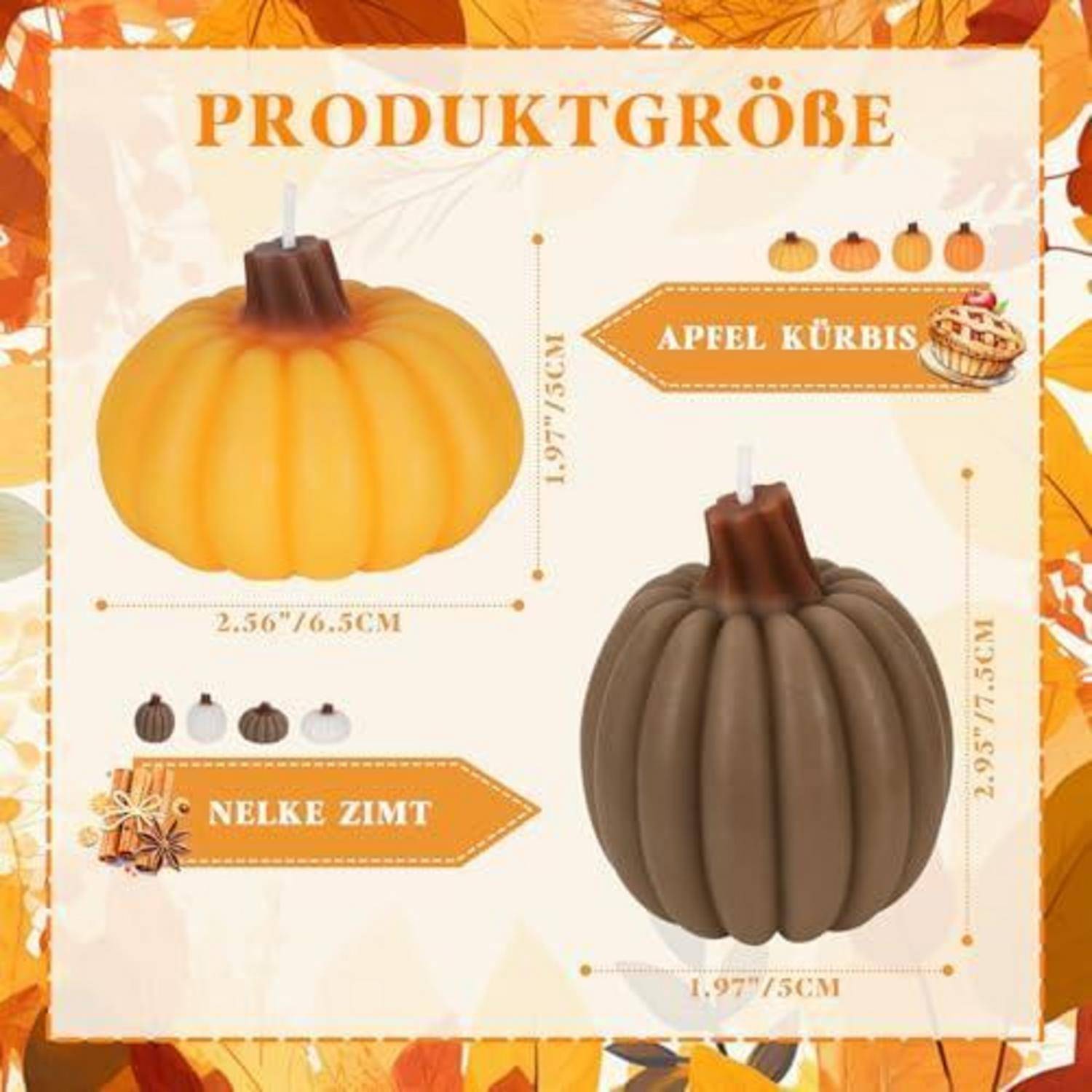 Produktgrößentabelle für kürbisförmige Kerzen: 'Apfel Kürbis' und 'Nelke Zimt', mit Abmessungen von ca. 2,56 x 2,57 x 7,6 cm und 2,95 x 1,97 x 7,5 cm.