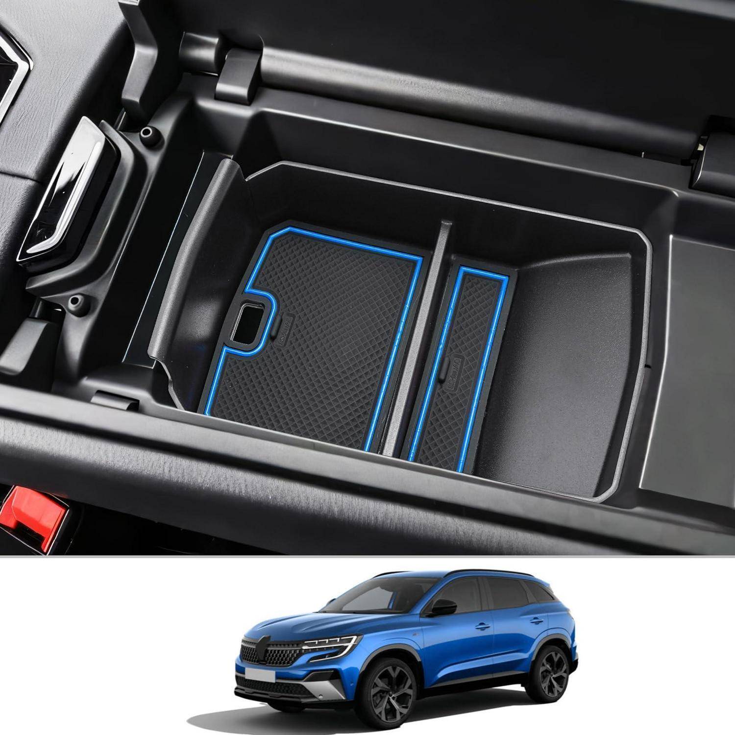 Autokonsolen-Aufbewahrungsfach mit blau eingefassten Telefonabteilen und einem blauen SUV, die unten als Produktabbildung gezeigt werden.