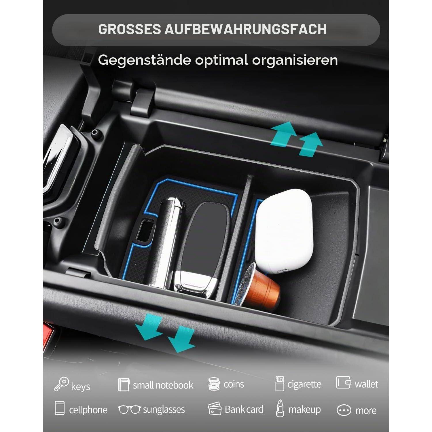 Organizer für das Mittelkonsolen-Ablagefach des Autos mit verstellbarem Einsatz, shown mit Schlüsseln, Handy, Sonnenbrille, Münzen, Geldbörse, Notizbuch, Zigaretten, Bankkarte und Make-up.