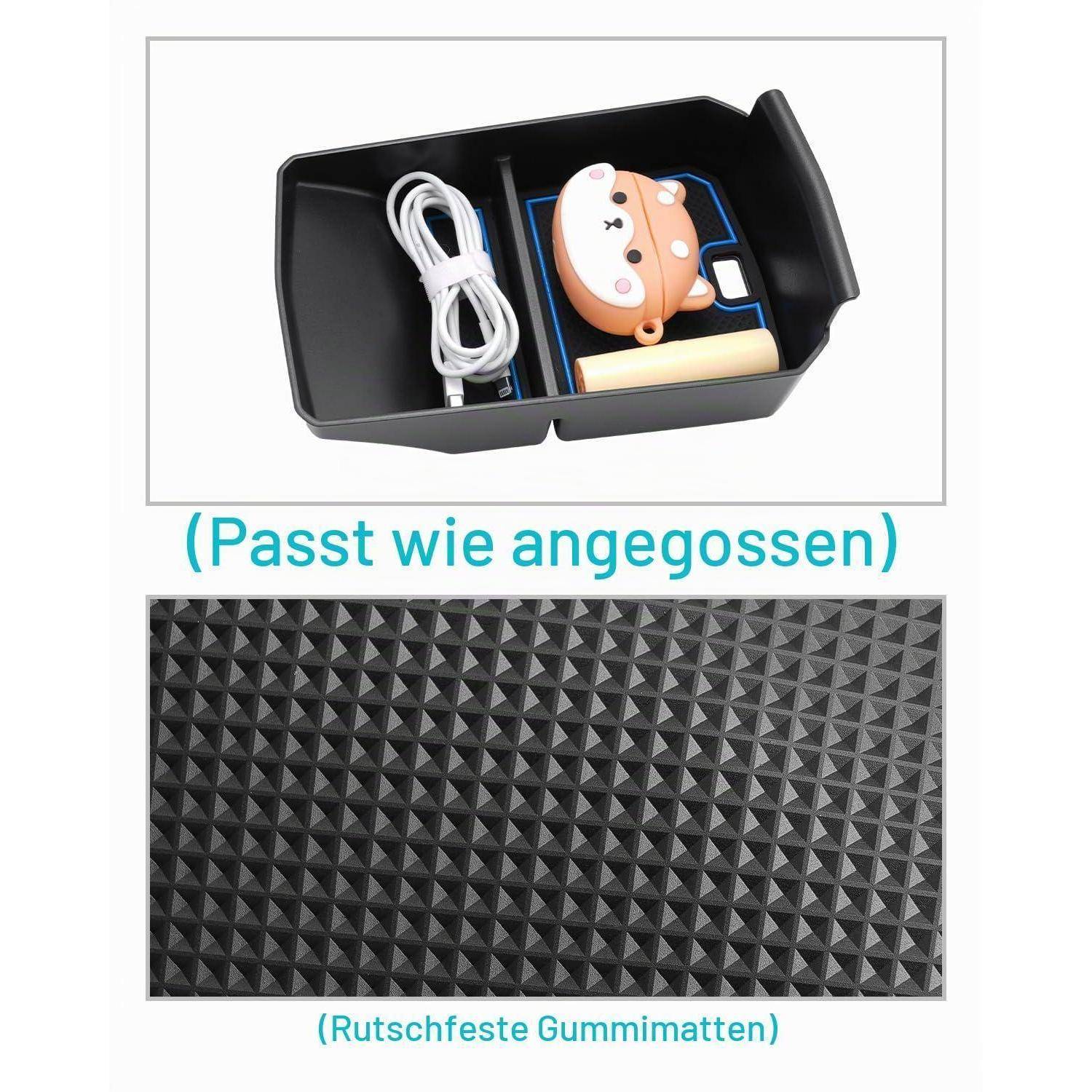 Aufbewahrungstablett mit maßgeschneiderten Fächern für ein Kabel und kleine Zubehörteile, plus einer rutschfesten Gummimatte mit strukturiertem Pyramidenmuster.