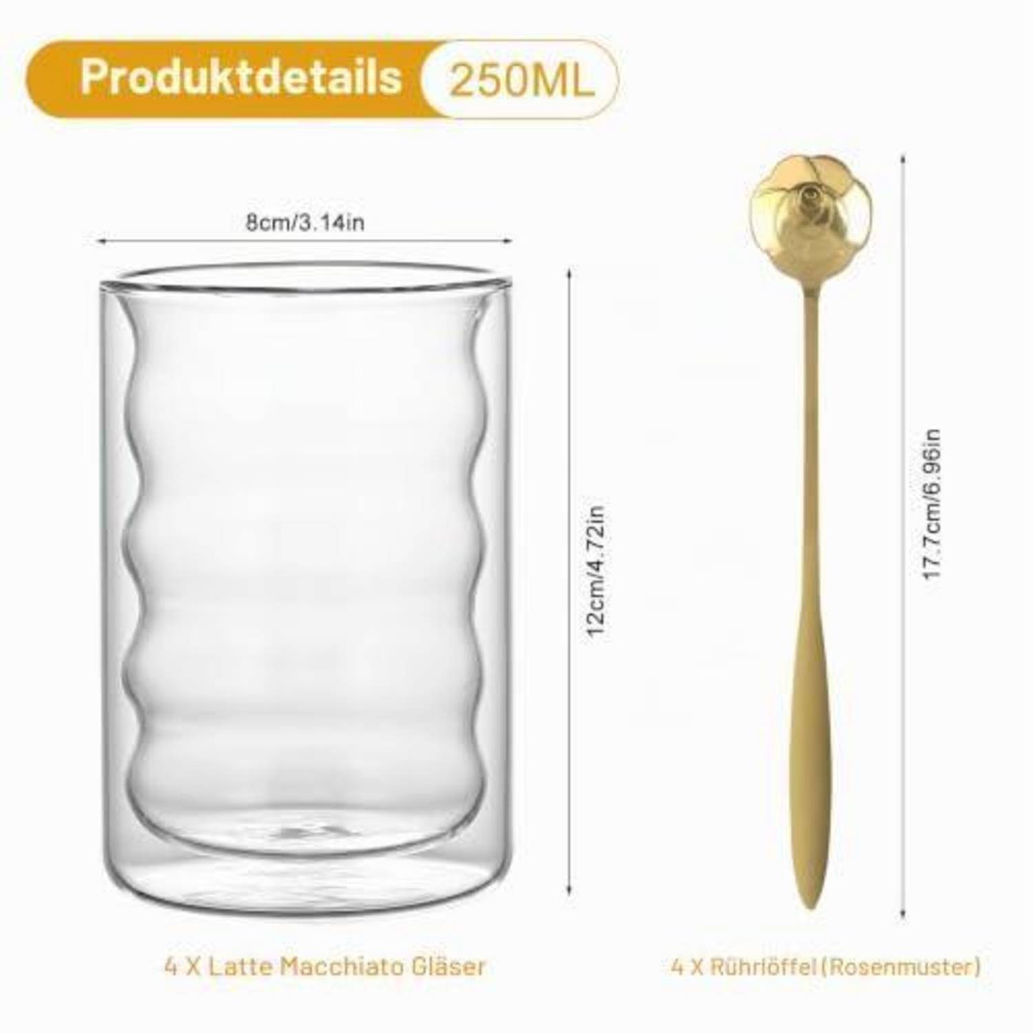 Produktdetails-Abbildung mit einem 250-ml-Glassatz: ein Latte-Macchiato-Glas, 12 cm hoch und 8 cm breit, plus einen Rührlöffel mit Rosenmuster, 17,7 cm lang.