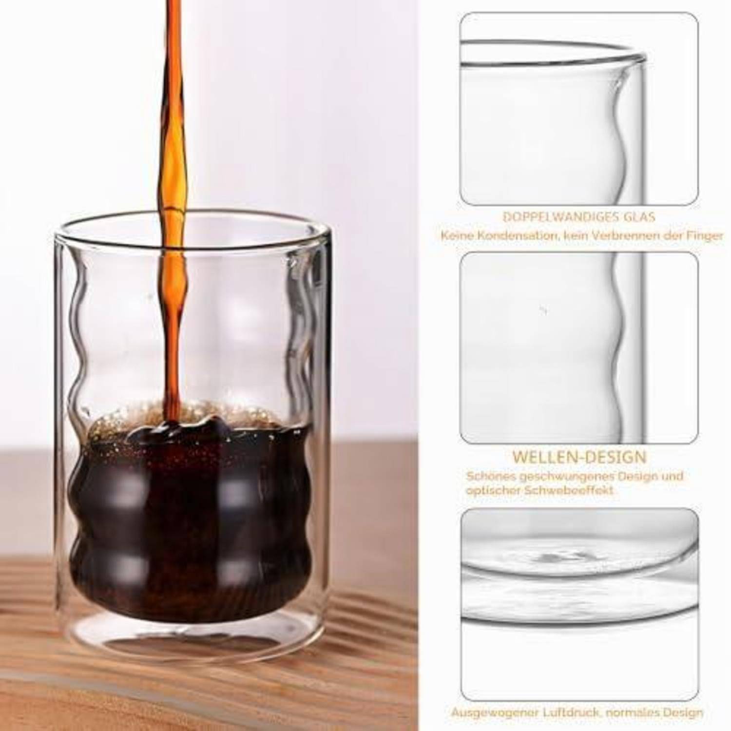 Kaffee oder Tee wird in ein doppelwandiges Glas auf einem Holztisch eingegossen, wobei eingefügte Nahaufnahmen das isolierte Glasdesign hervorheben.