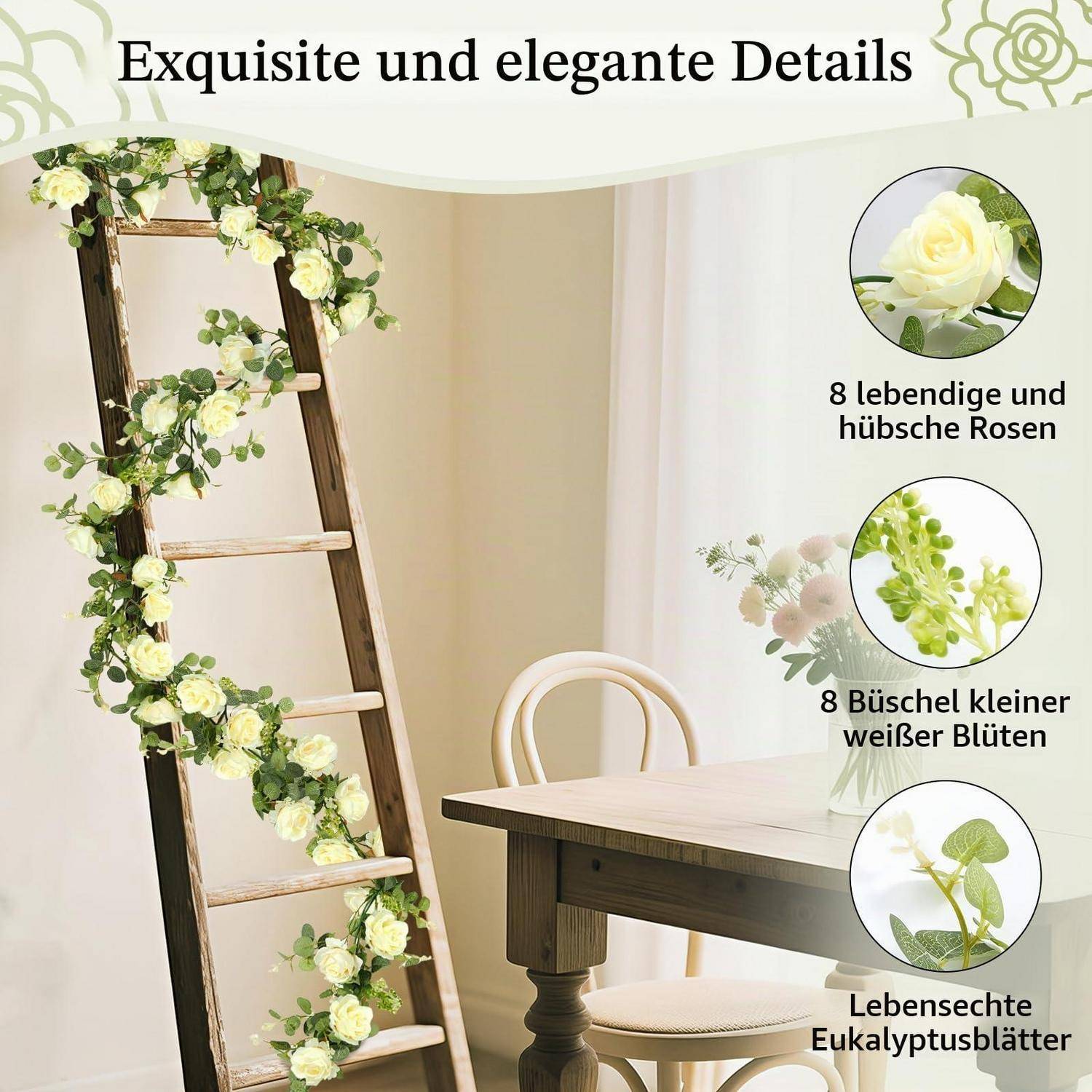 Dekorative Hochzeitsszenerie mit einer blumenbedeckten Holzleiter neben einem Tisch, zeigt Rosen- und Eukalyptusdetails; Text besagt „Exquisite und elegante Details" und listet die enthaltenen Blumeneelemente auf.