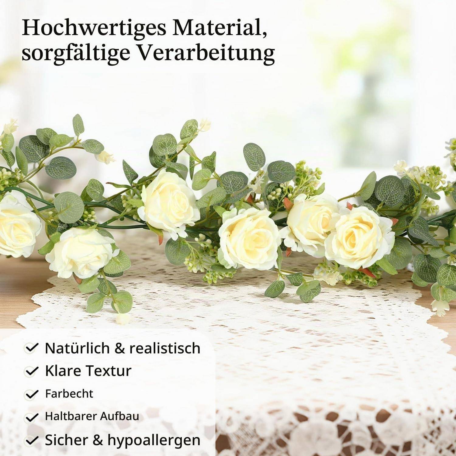 Lewondr Künstliche Eukalyptus Girlande mit Rosen 1,8M Champagner