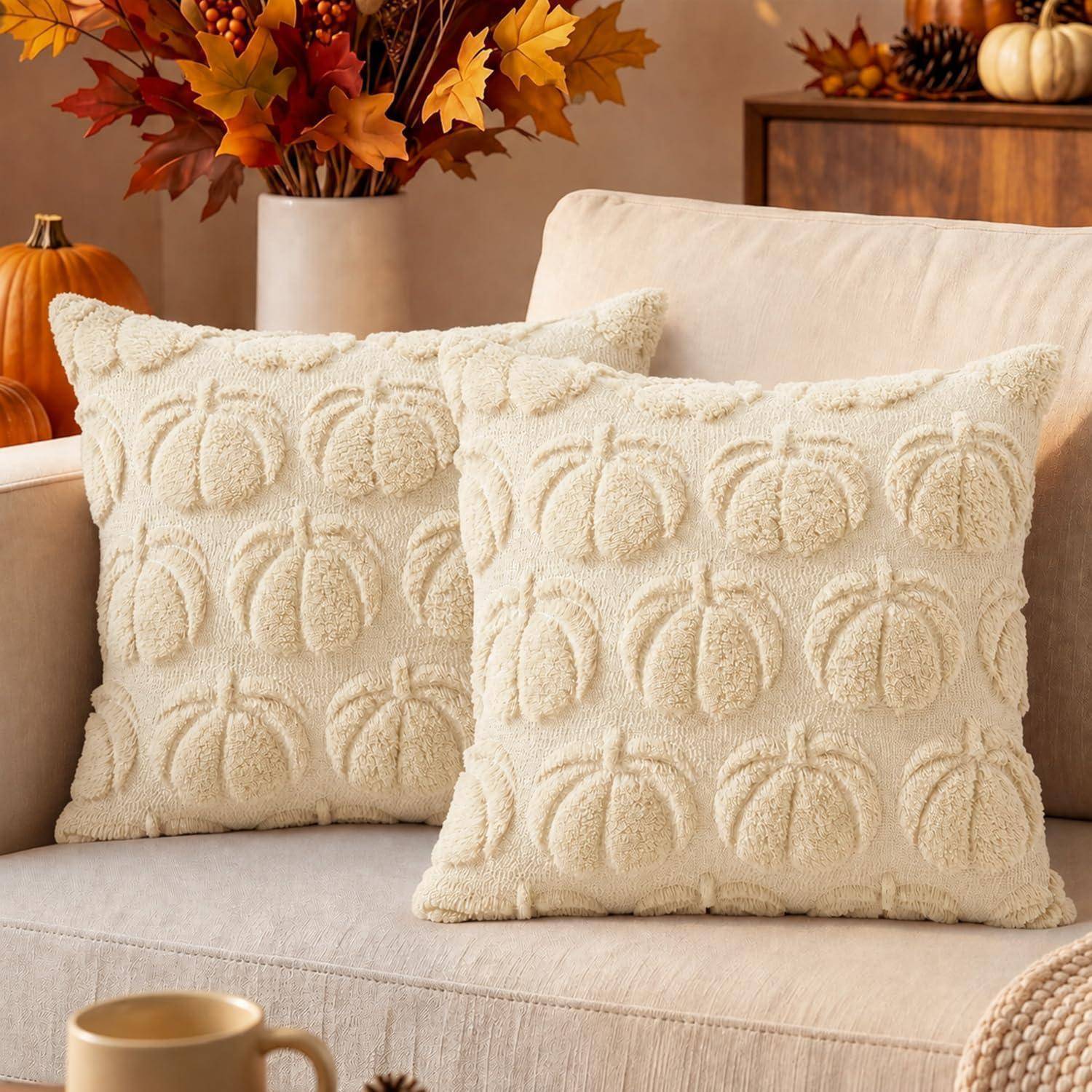 Zwei cremefarbene Dekokissen mit Kürbismustern auf einem beigefarbenen Sofa in einem gemütlichen Herbstwohnzimmer mit Kürbissen und Herbstblättern.