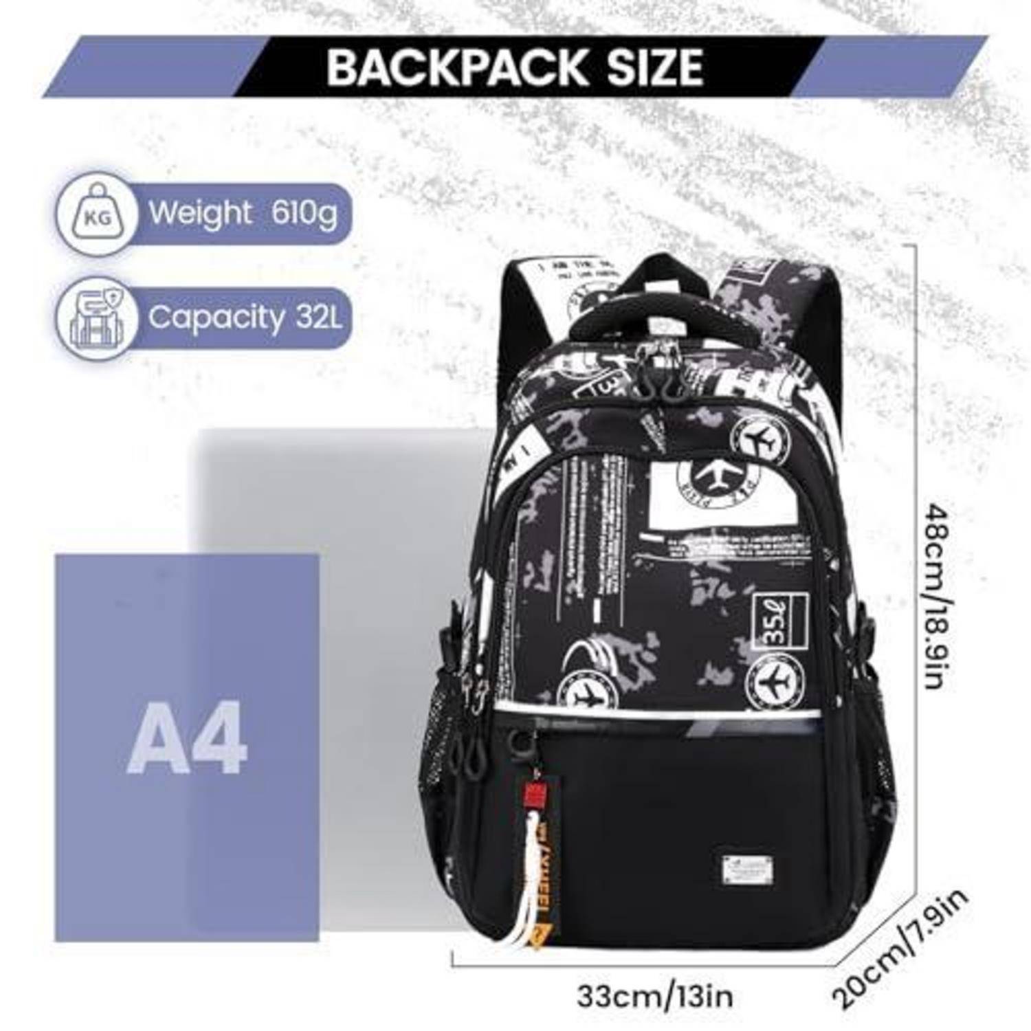 Schwarzer Rucksack Größentabelle mit einer 32L, 610g Tasche, die A4-Format passt; die Abmessungen betragen 48cm Höhe, 33cm Breite und 20cm Tiefe.