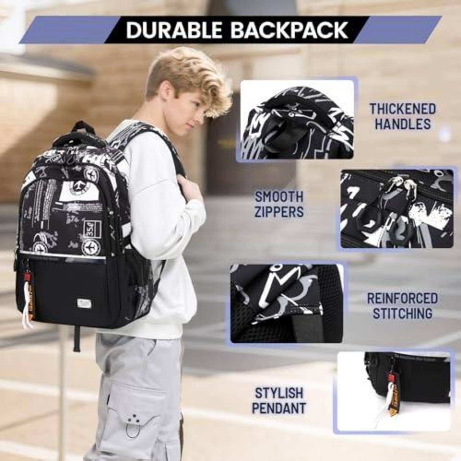 Werbebild eines Jungen, der einen langlebigen schwarzen Rucksack trägt, mit Nahaufnahmen, die verstärkte Griffe, glatte Reißverschlüsse, verstärkte Nähte und ein stilvolles Anhänger hervorheben.