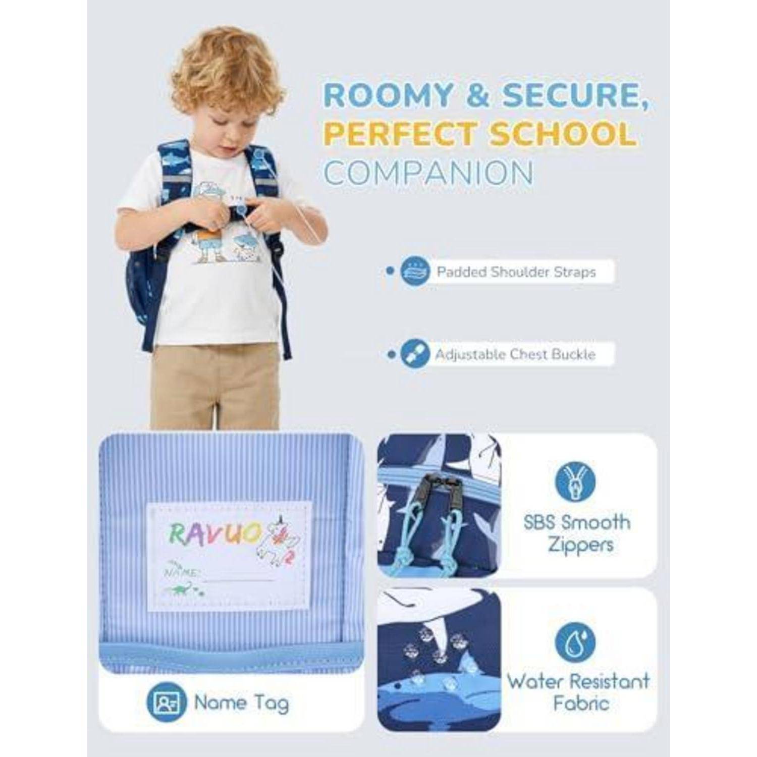 Werbebild eines Kindes, das einen Rucksack trägt, mit dem Text „GERÄUMIG & SICHER, DER PERFEKTE SCHULBEGLEITER" und Feature-Beschriftungen für gepolsterte Schultergurte, verstellbarer Brustgurt, SBS-Gleitreißverschlüsse, wasserbeständiger Stoff und ein Namensschild.