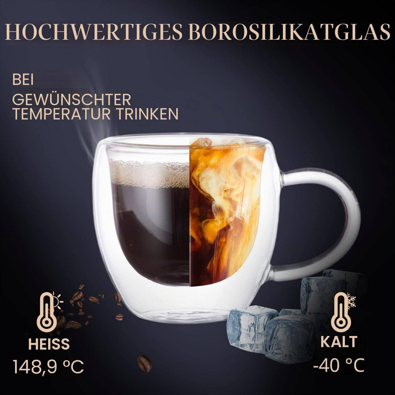 Borosilikatglas-Becher, in der Mitte geteilt, zeigt heißen Kaffee und gekühlte Flüssigkeit, mit deutschem Text, der Temperaturbeständigkeit von 148,9°C bis -40°C bewirbt.