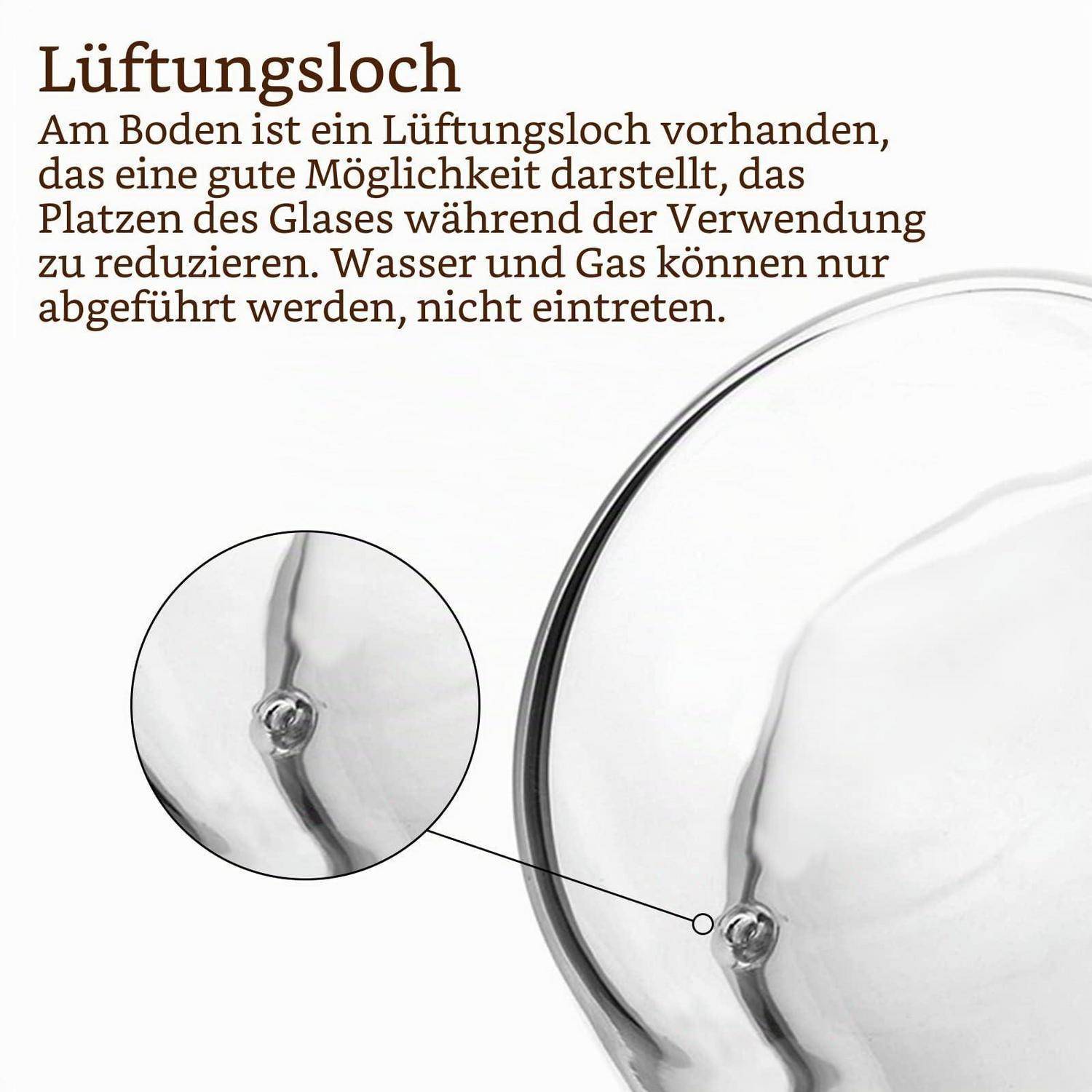 Diagramm eines Lüftungslochs an der Unterseite eines Glasgegenstands, mit der Bezeichnung "Lüftungsloch"", das erklärt, dass es Rutschen reduziert und während der Verwendung das Entweichen von Wasser und Gas ermöglicht.